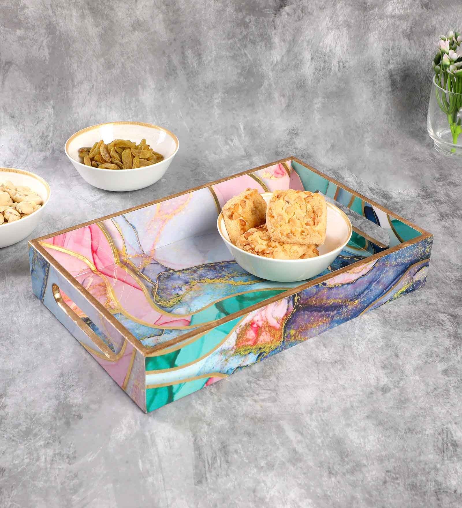 Multicolour & Gold MDF Wood Splash  Rectangle Serving Tray