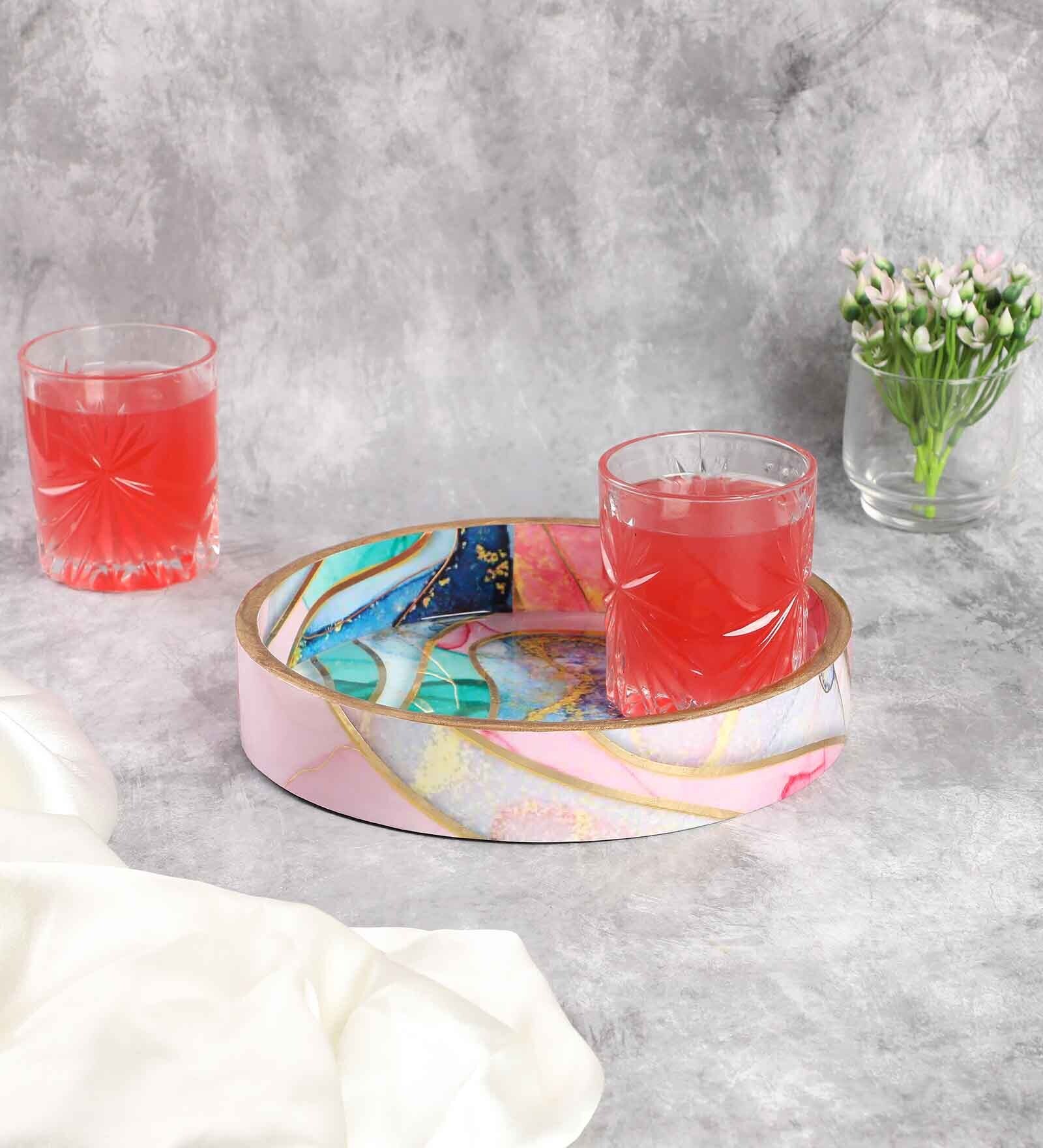 Multicolour & Gold MDF Wood Splash  Round Serving Tray