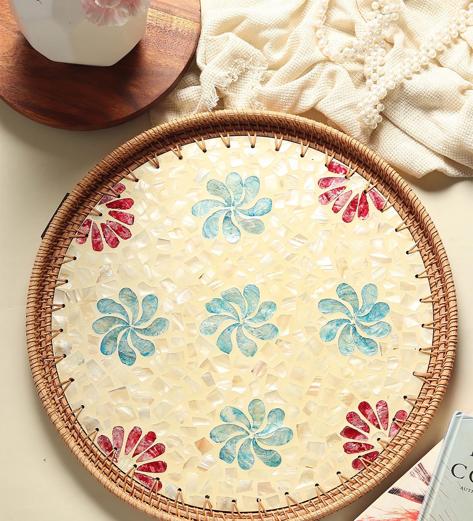 Multicolour  Cane Round Serving Tray