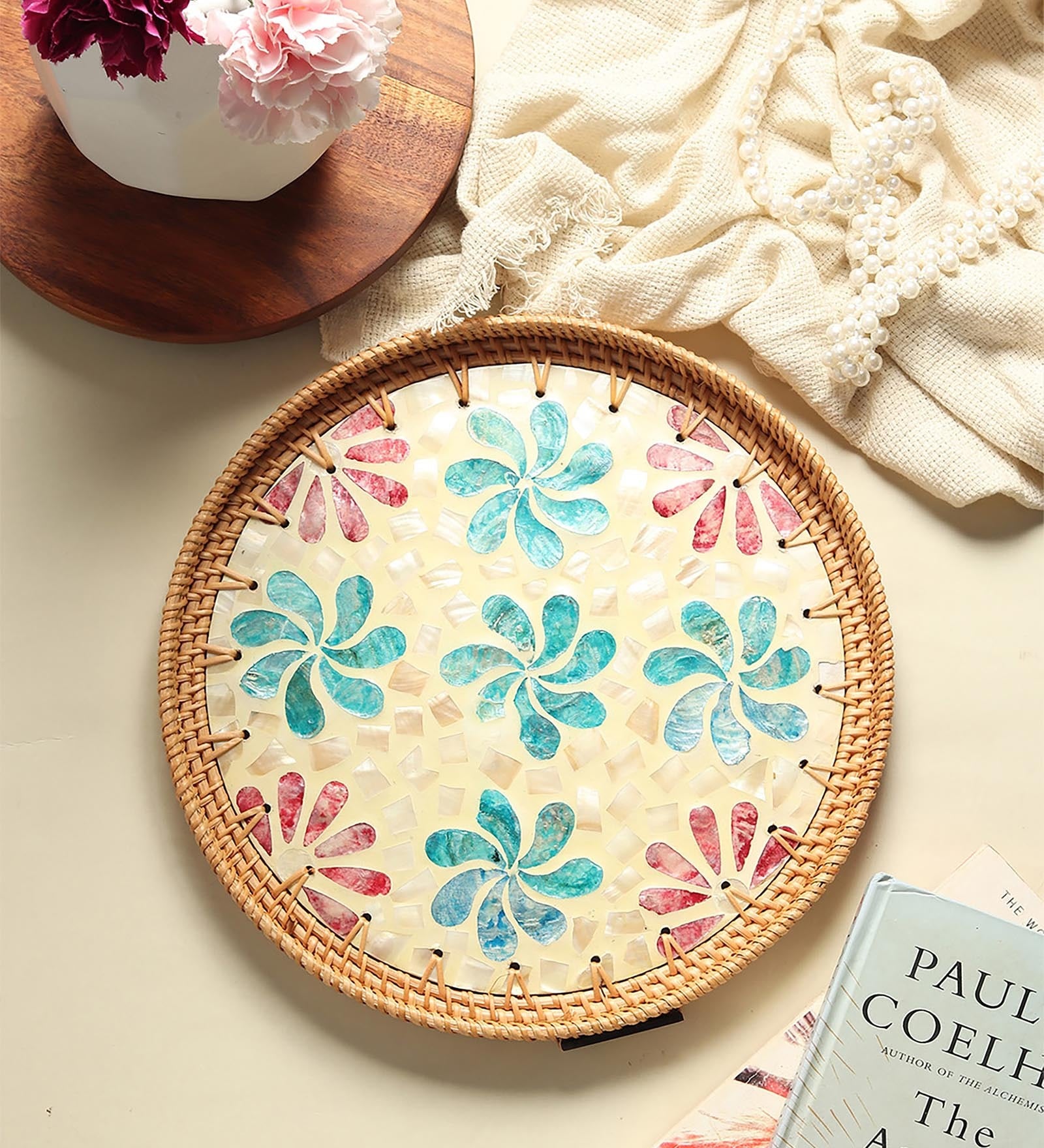 Multicolour  Cane Round Serving Tray