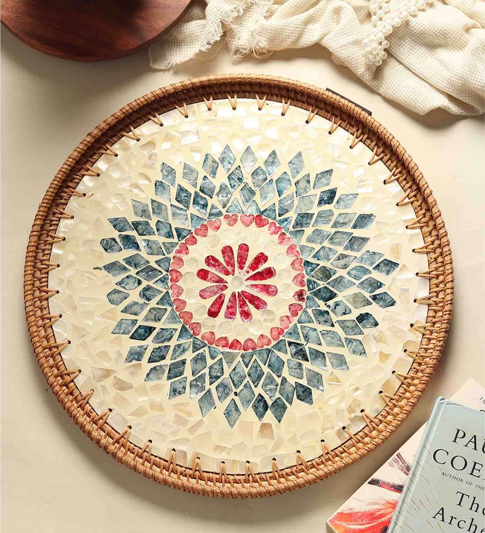 Multicolour  Cane Round Serving Tray