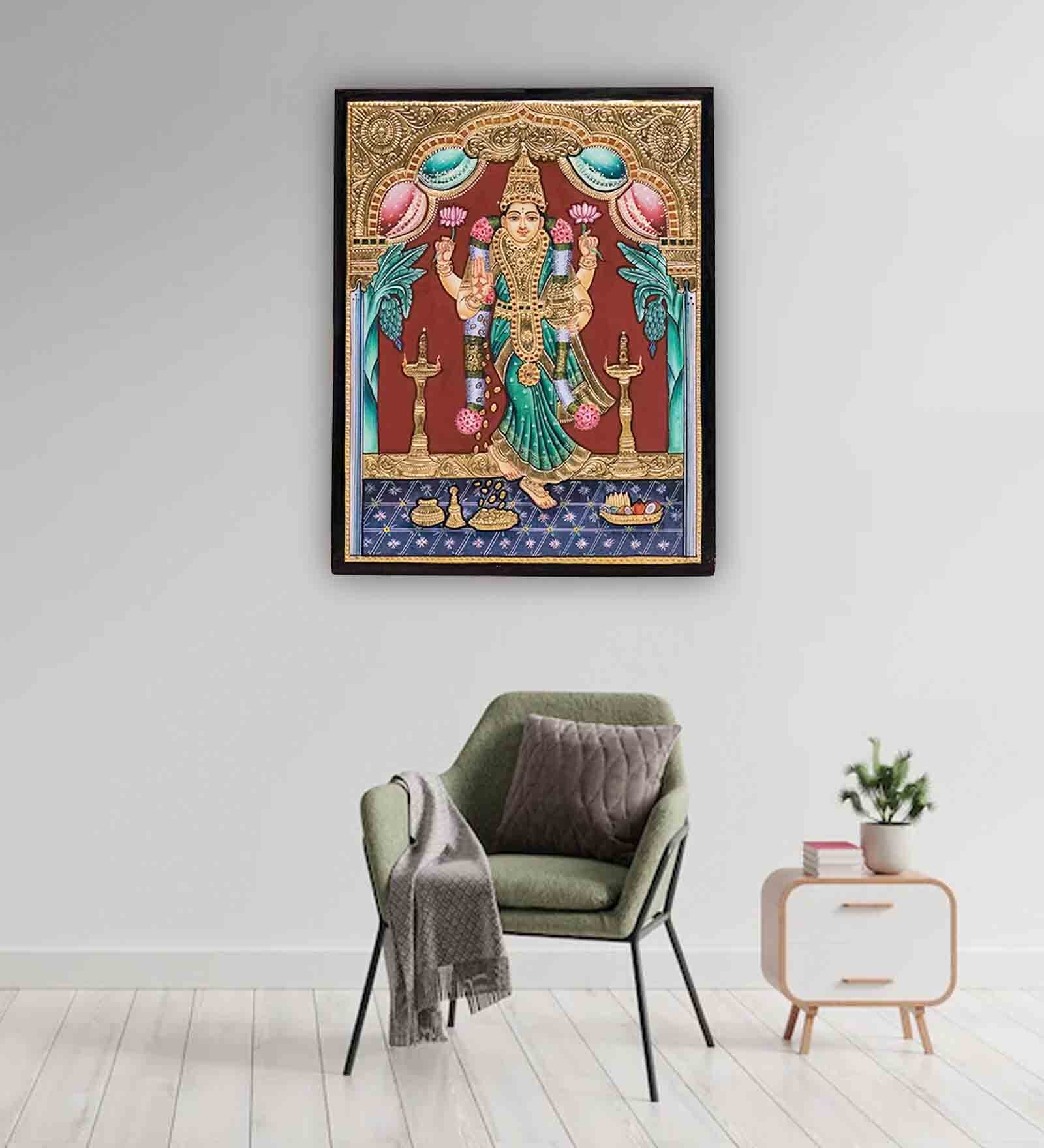 Multicolour 24K Gold Plated Grahalakshmi Framed Tanjore Painting