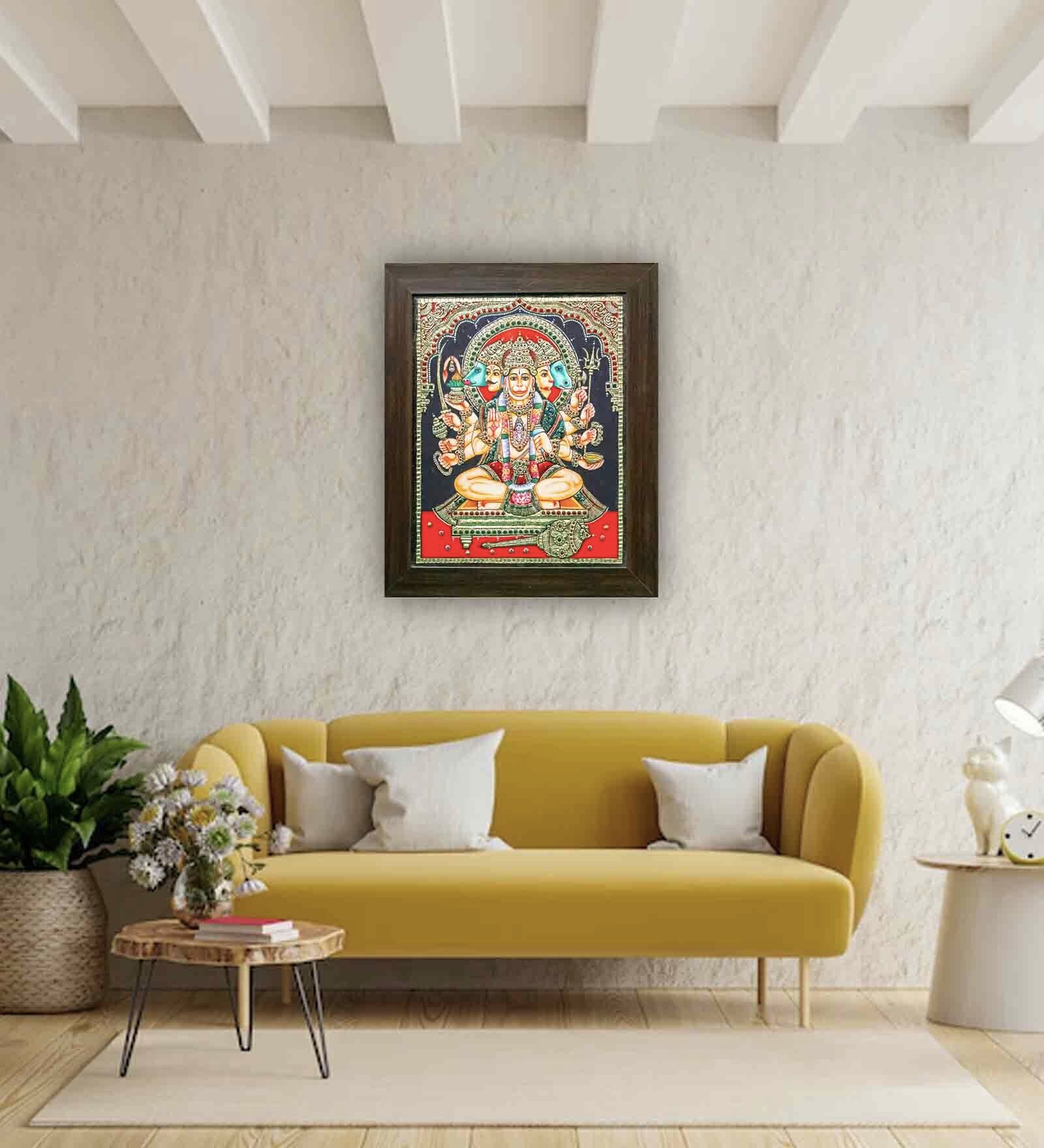 Panjamuga Anjaneyar Tanjore Painting, 24 Carat Gold Foil with Frame Mangala Arts