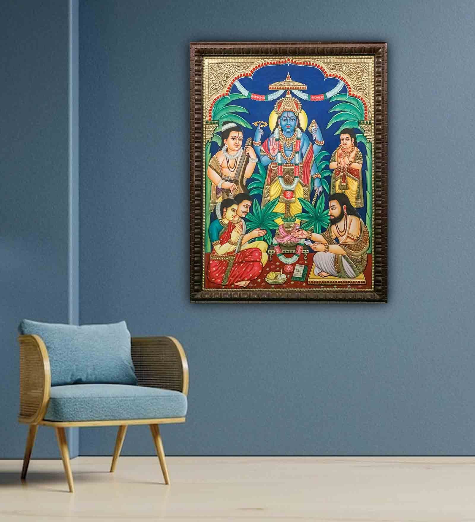 Sathyanarayanan Antique Tanjore Painting, 24 Carat Gold Foil with Frame Mangala Arts