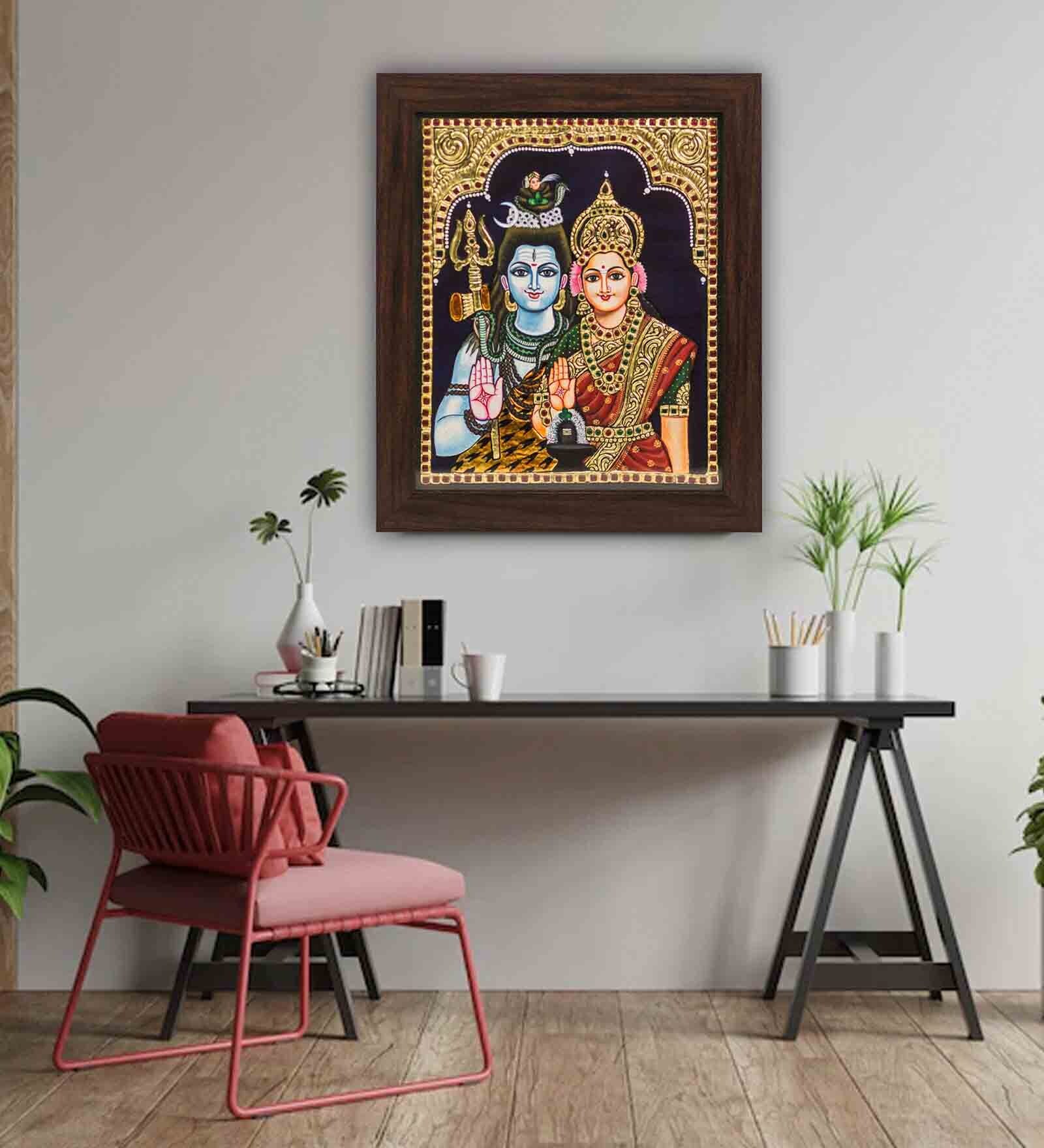 Multicolour 24K Gold Plated Sivan Parvathy Framed Tanjore Painting