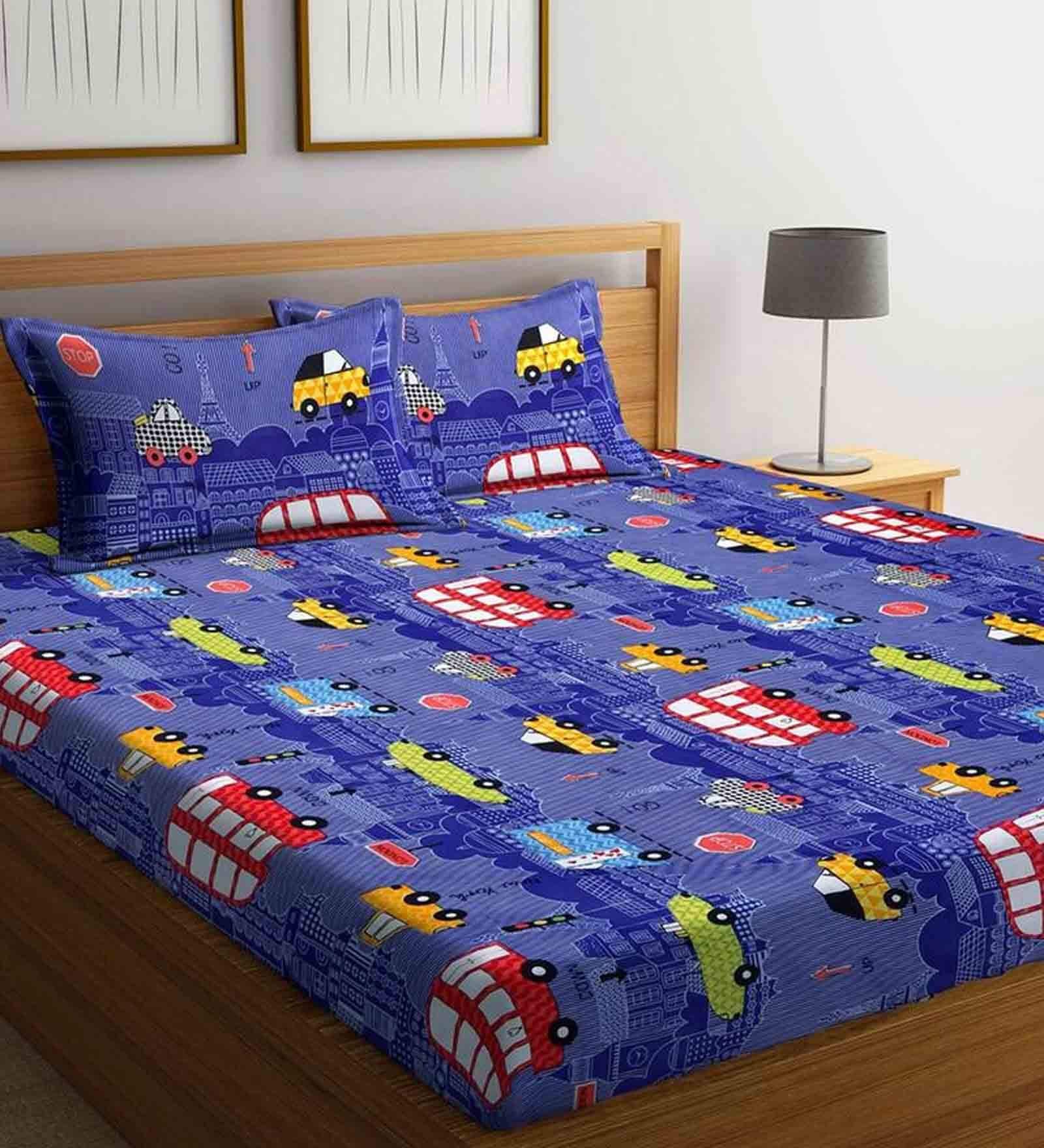 Multicolor Vehicle Themed 240 TC Cotton Queen Sized Kids Bed Sheets with 2 Pillow Covers