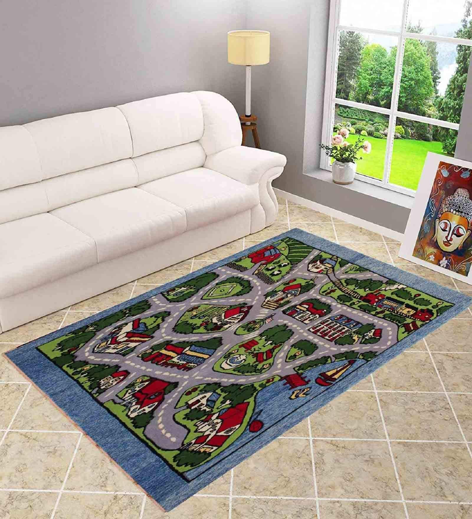 Multicolour Abstract Wool 9.9 x 6.6 Feet Anti Slip Kids Floor Mat