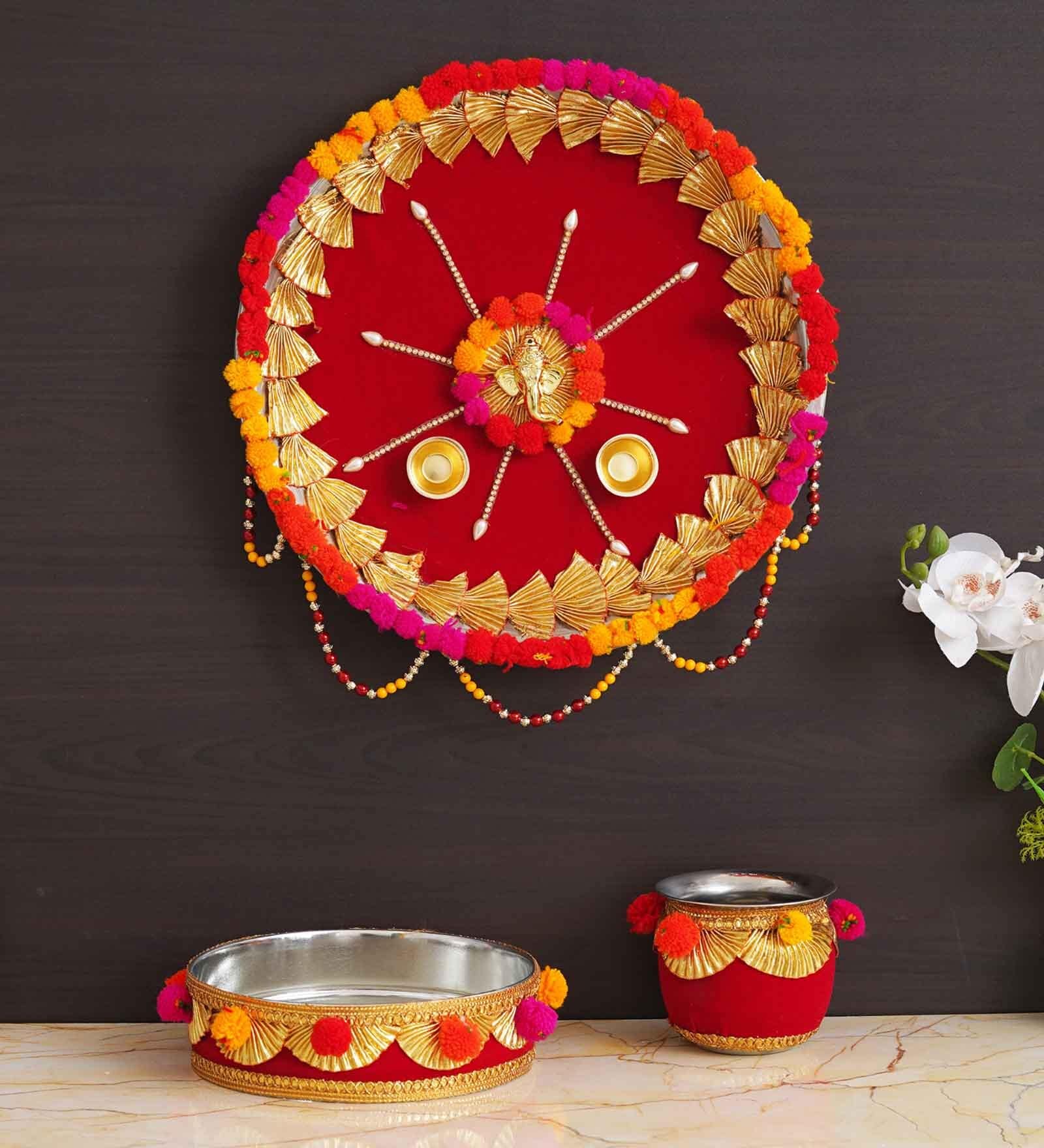 Red Assorted Decorative Stainless Steel Karwa Chauth Pooja Thali Set (1Piece)