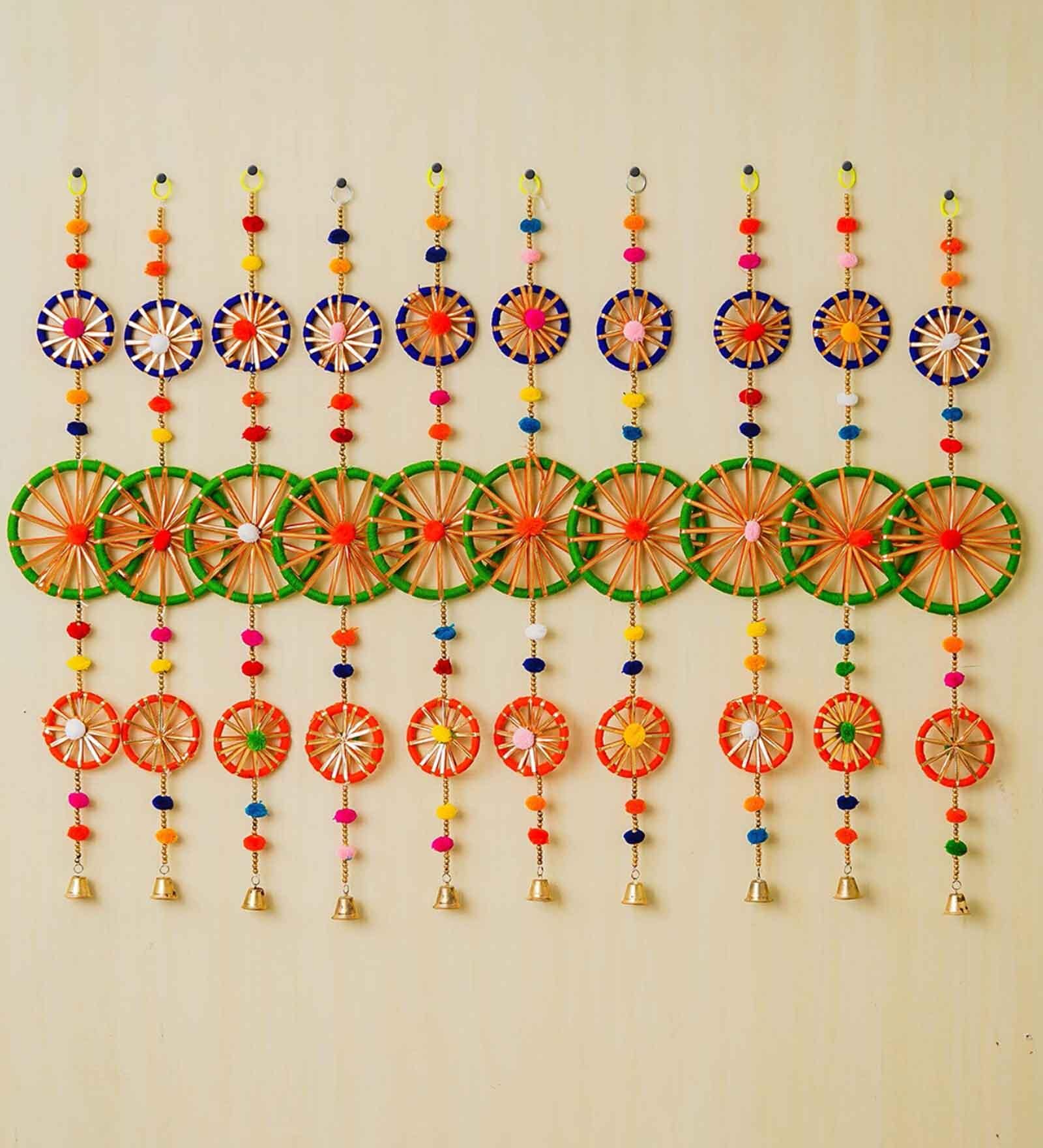 Maroon Assorted Rings with Pom-Pom Tassels Bell Wall Hangings Toran (Set of 10)