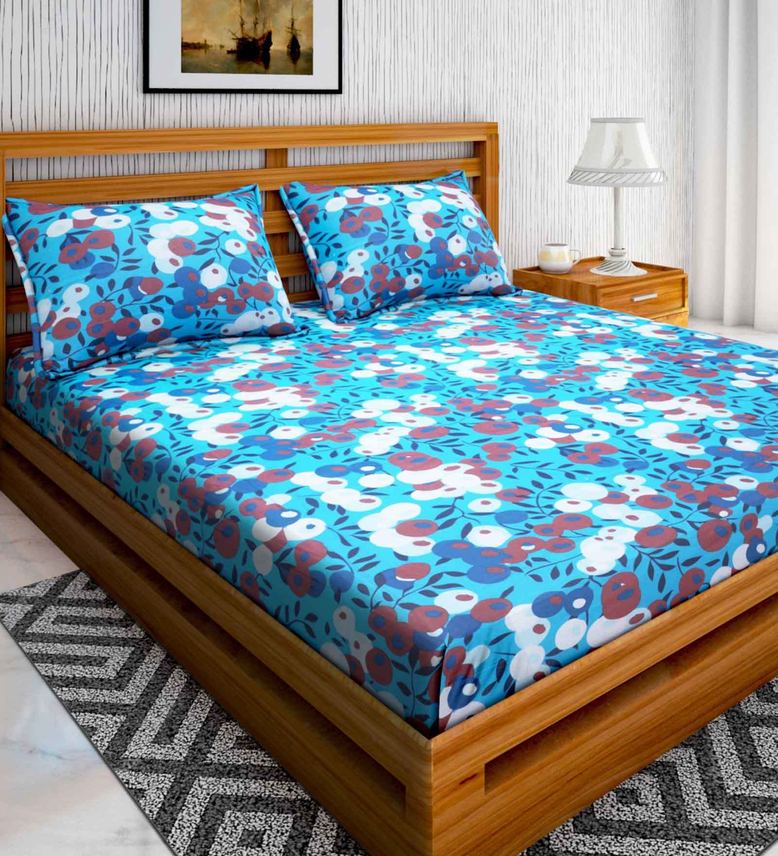 Blue Floral 104 TC Cotton 1 Double Bedsheet with 2 Pillow Covers