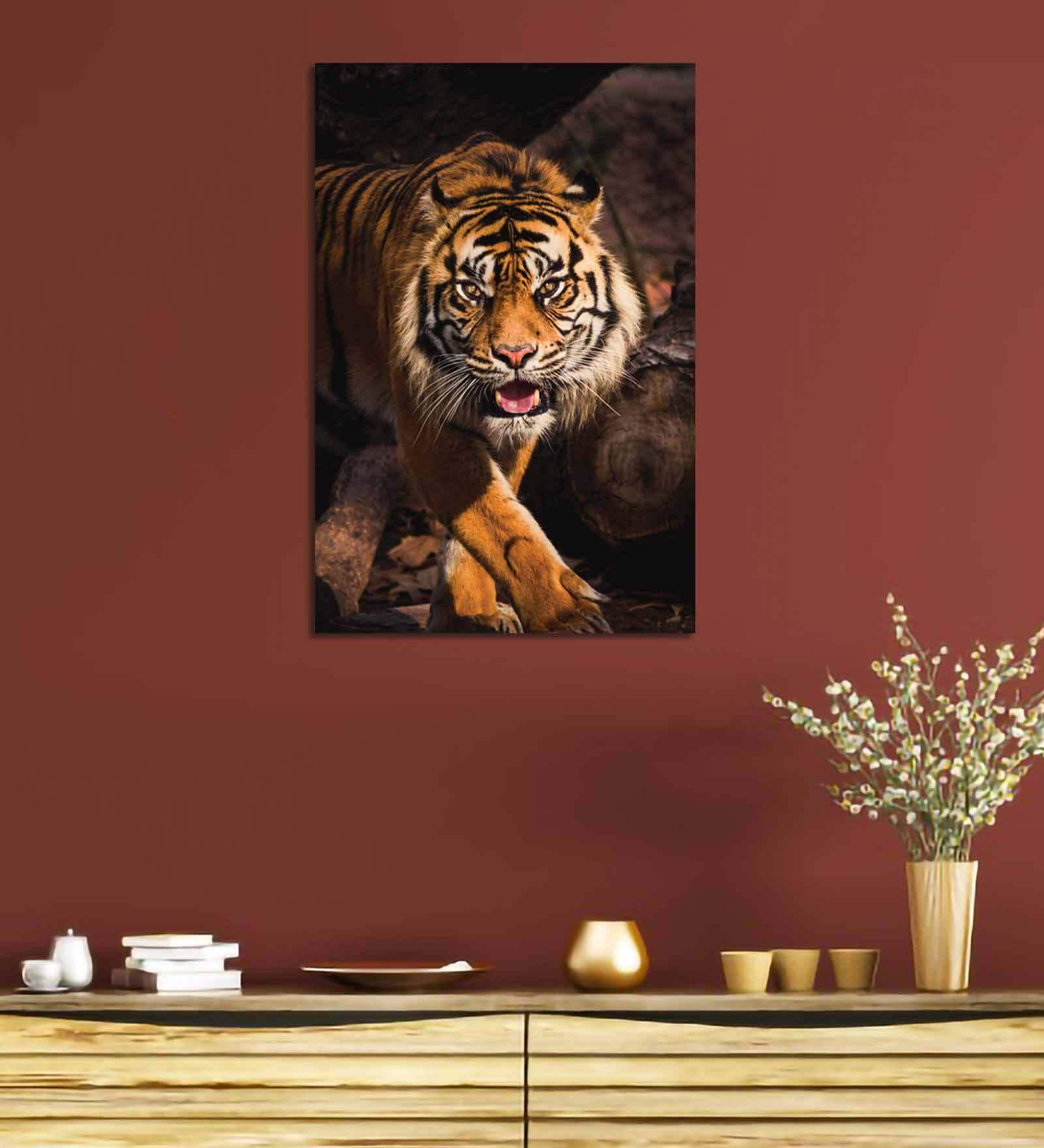 Abstract Tiger Multicolour Canvas Teakwood And MDF Framed Wildlife Art Print