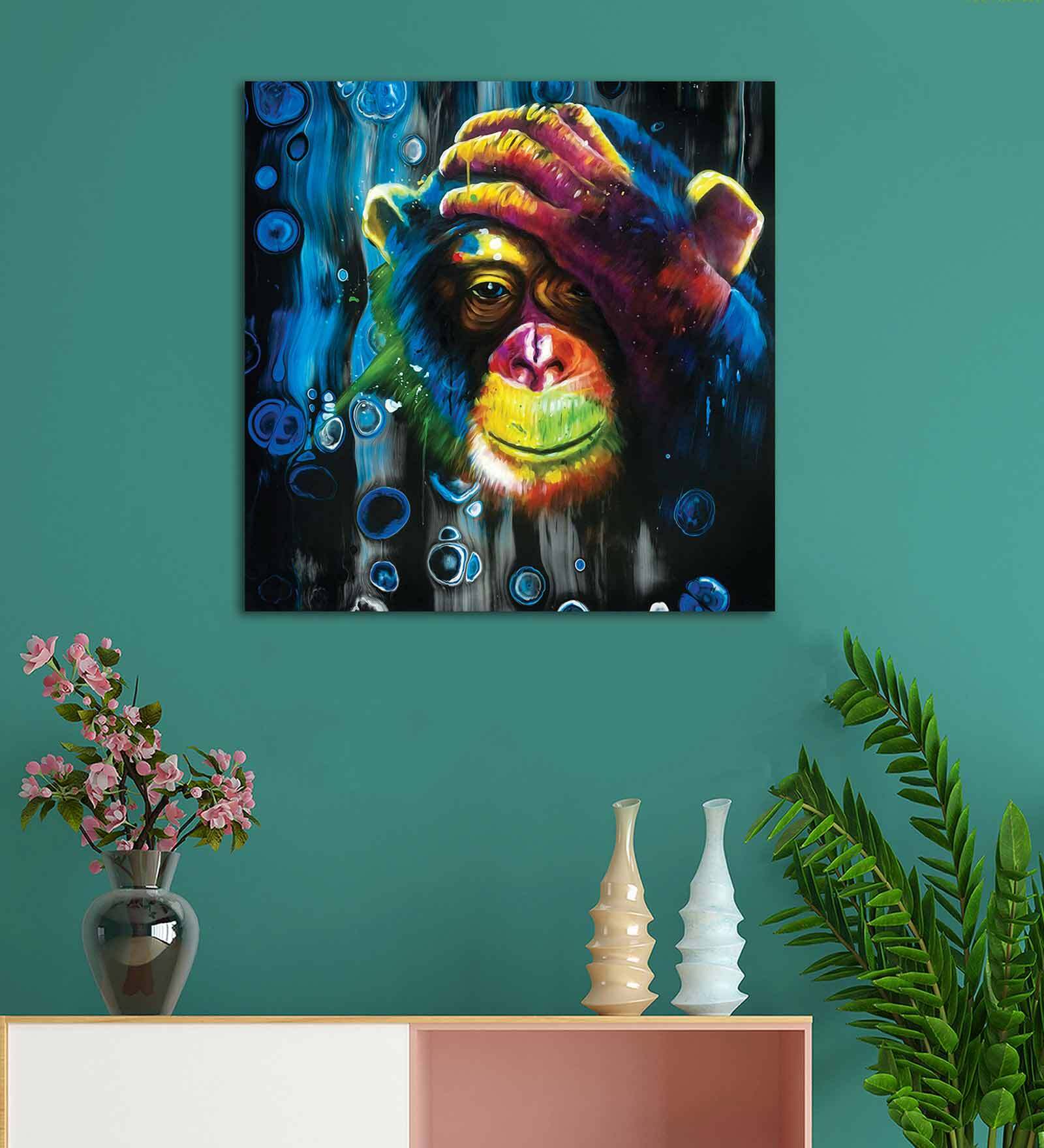 Monkey Multicolour Canvas Teakwood And MDF Framed Wildlife Art Print