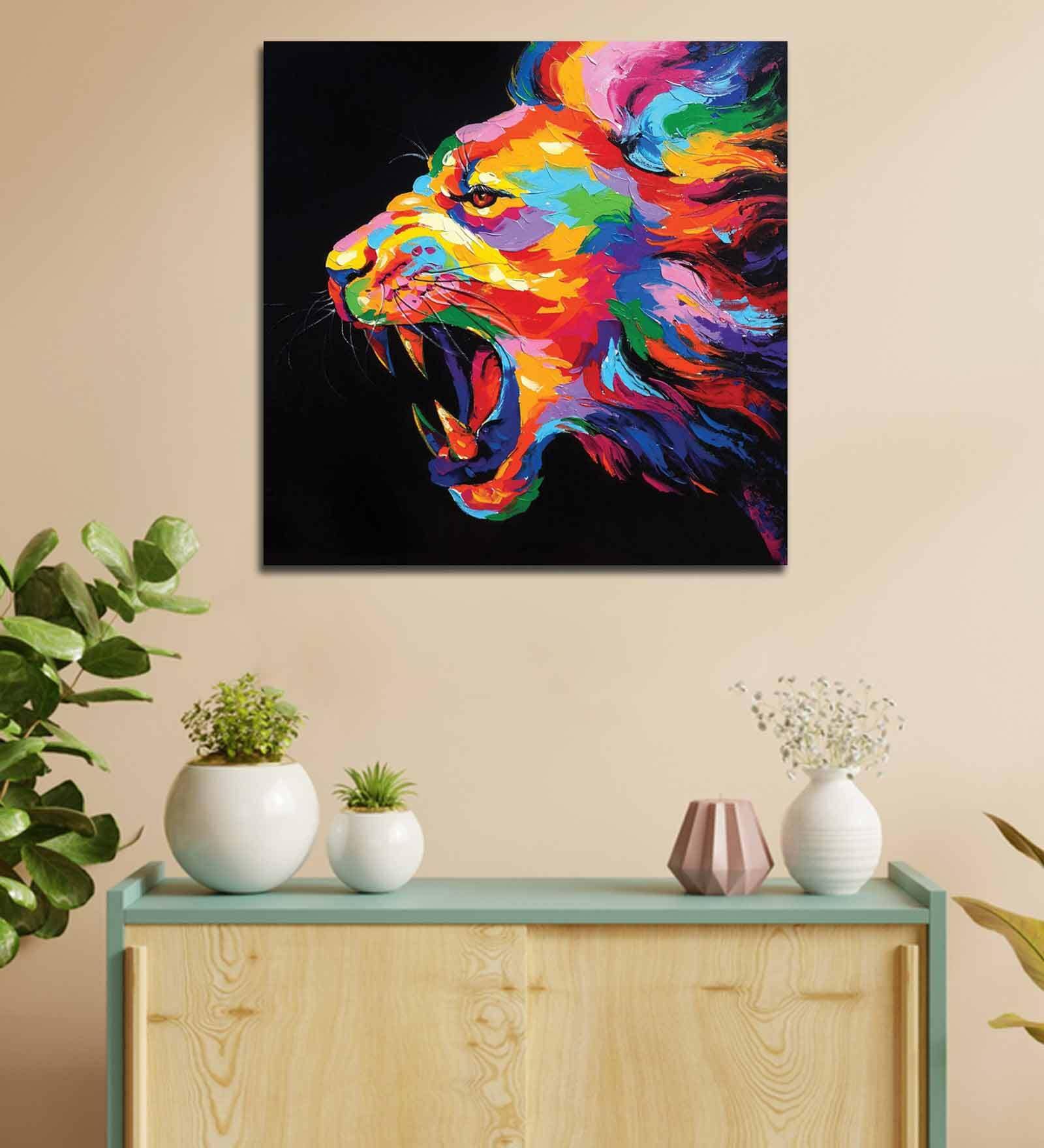 Abstract Multicolor Lion Blue Teakwood Framed Canvas Art Print