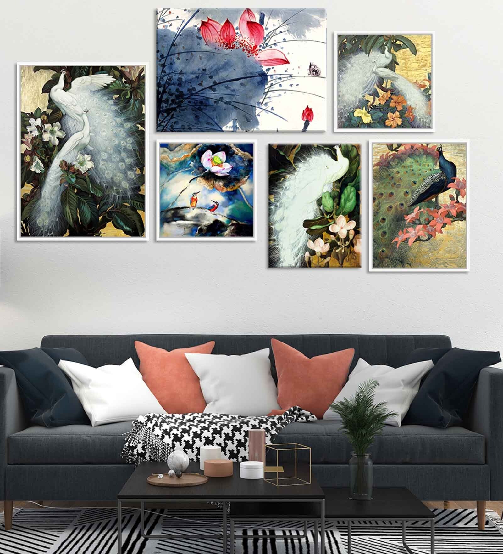 Peacock Multicolour Canvas Floral Art Print Set of 6