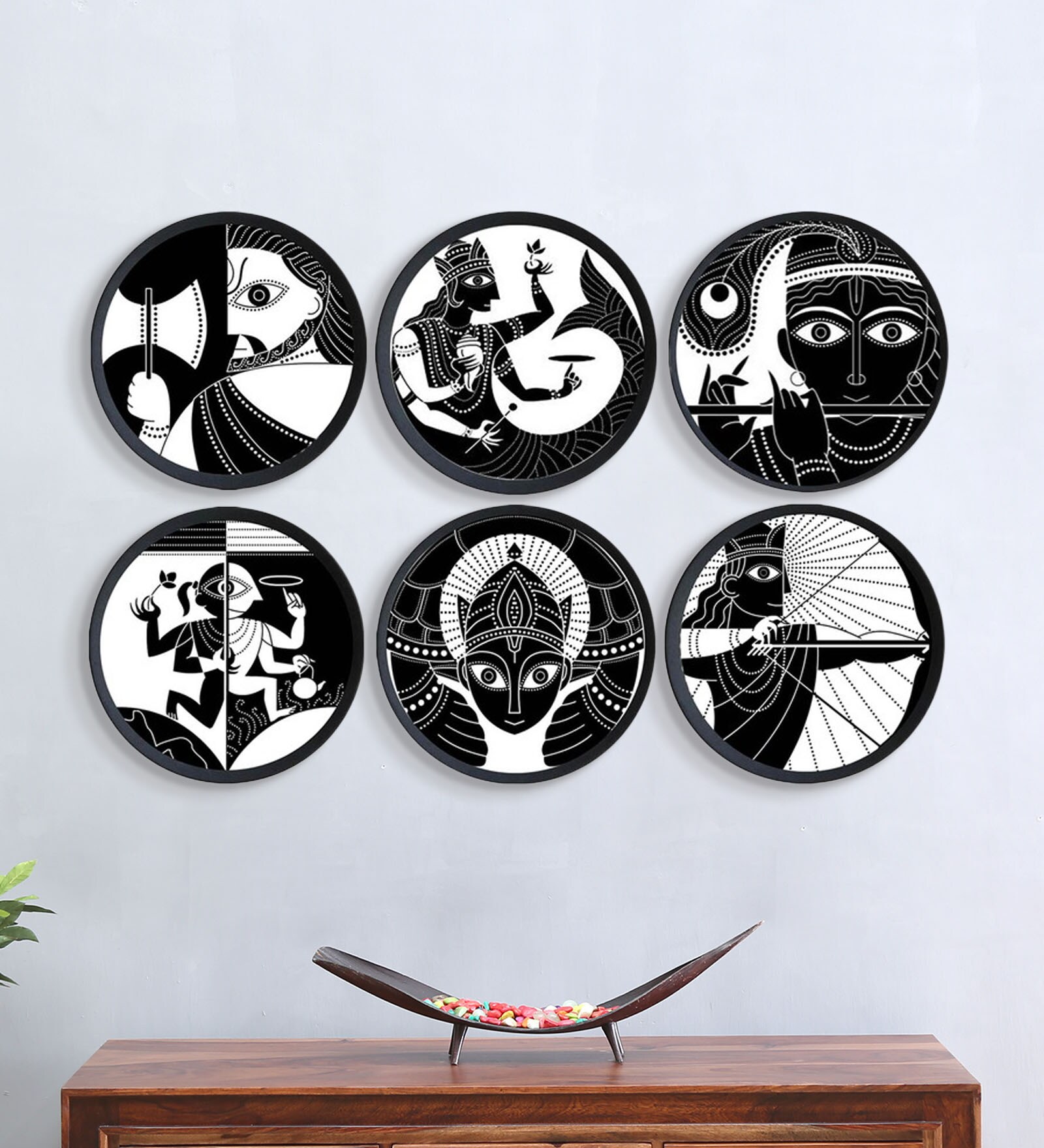 Buy Black Ceramic Indian Hand Painted Wall Decor Plates Set of 6 by