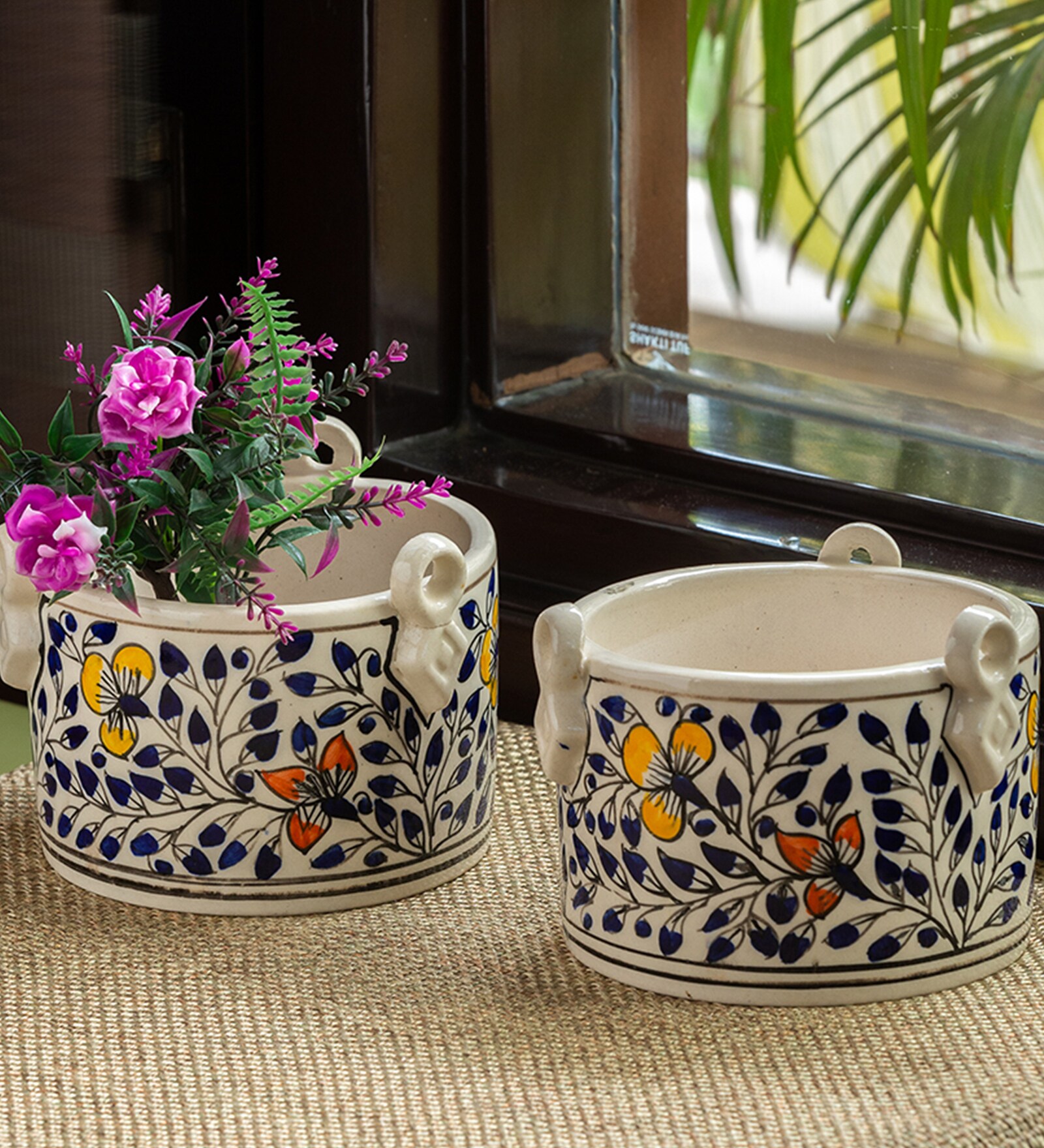 Multicolour Ceramic Indigo Vines Handpainted Desk Pot, Set of 2