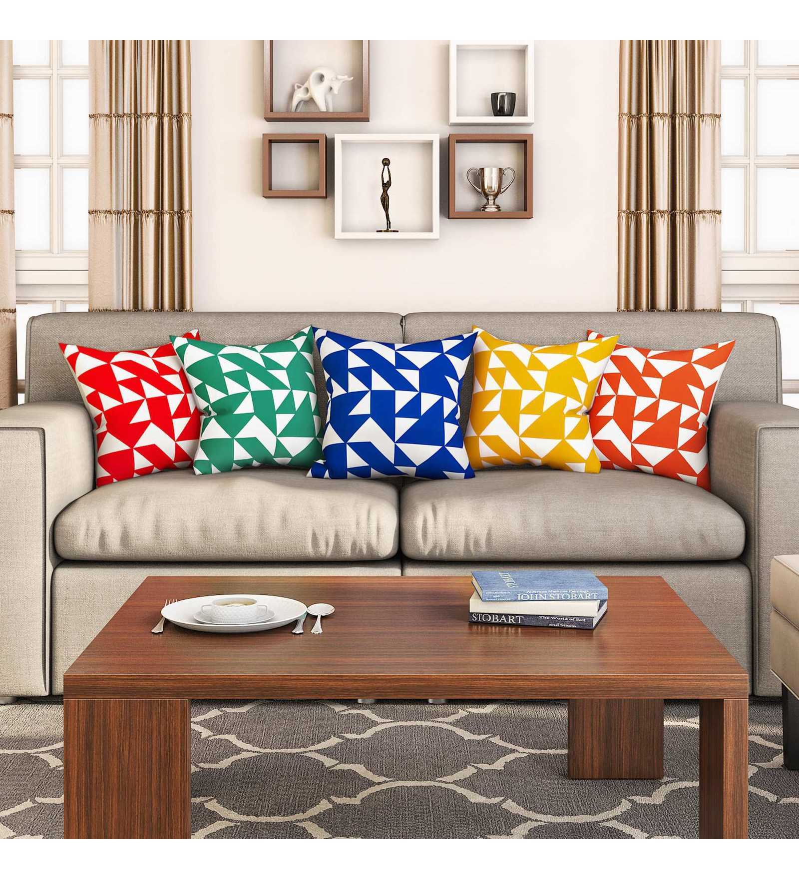 Multicolor Geometric Cotton 16 x 16 Inches Cushion Covers (Set of 5)