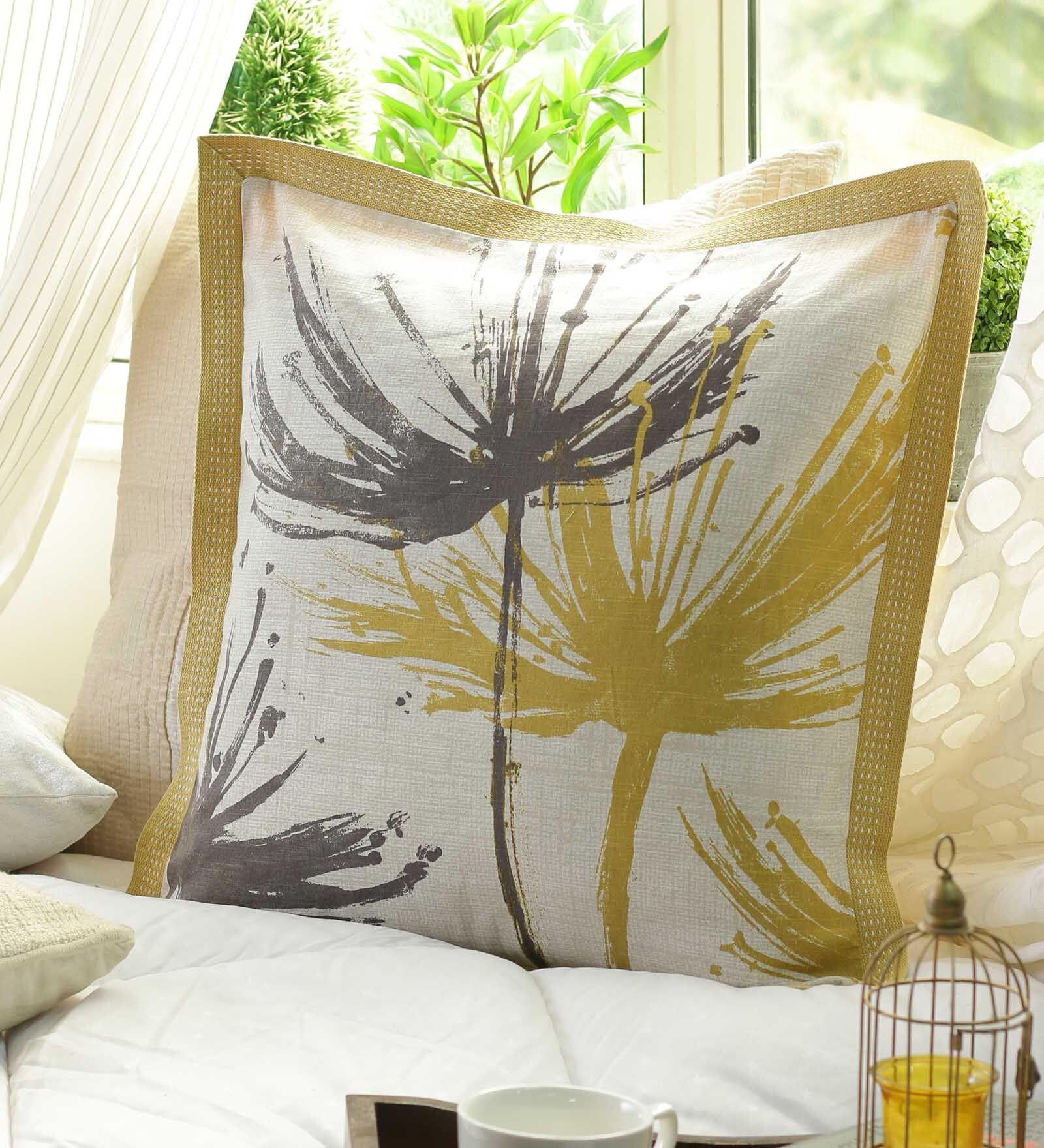 Buy Floral Pattern Cotton Yellow Cushion Cover 20 x 20 inches by Solaj