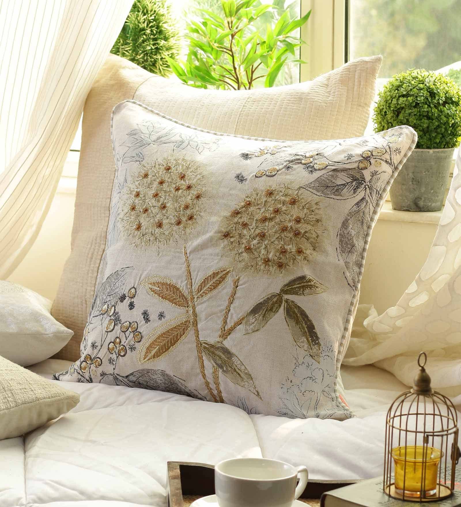 Buy Floral Pattern Cotton Beige Cushion Cover 20 x 20 inches by Solaj