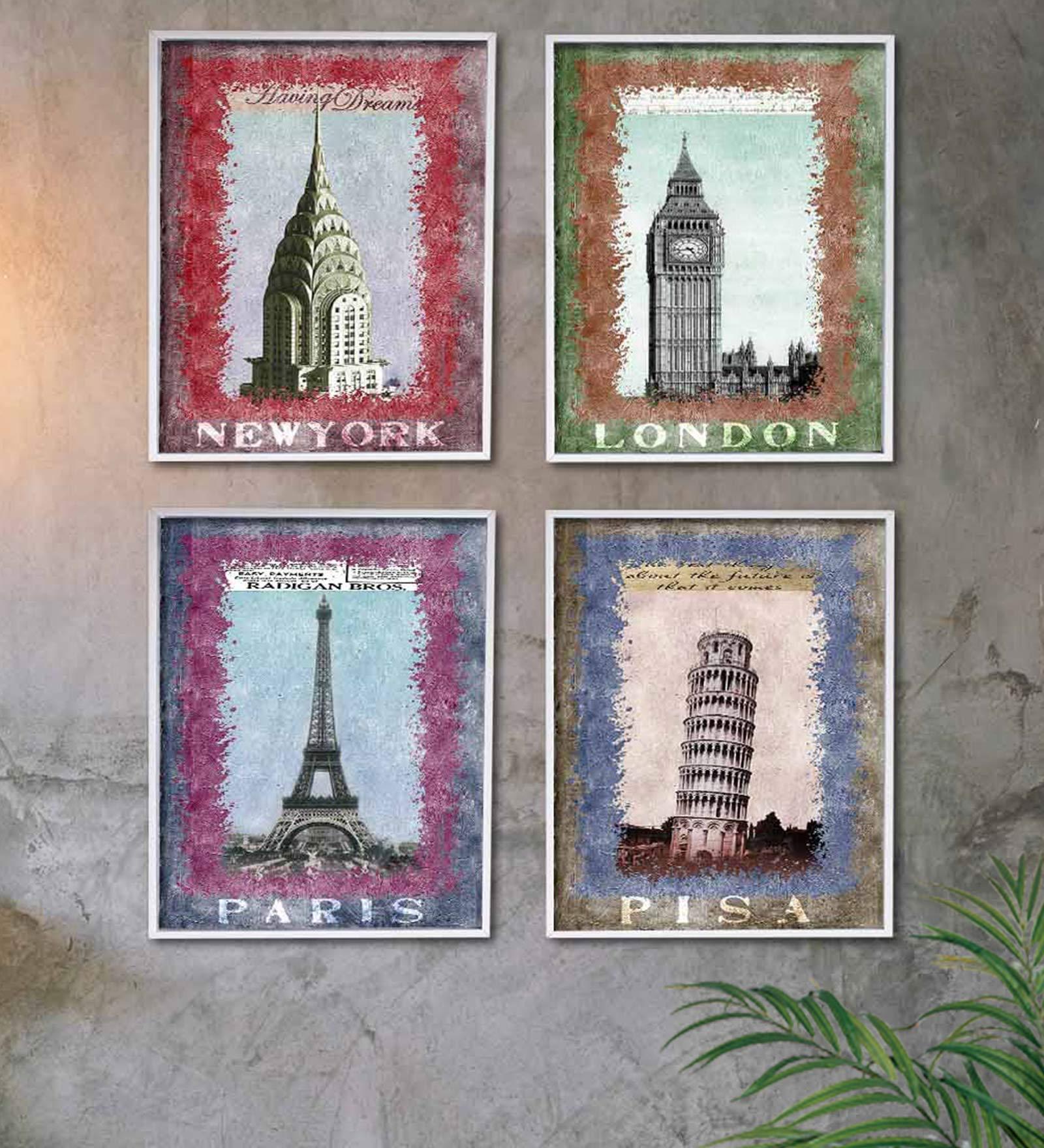 Multicolour Cotton Canvas Framed People & Places Art Prints Set of 4