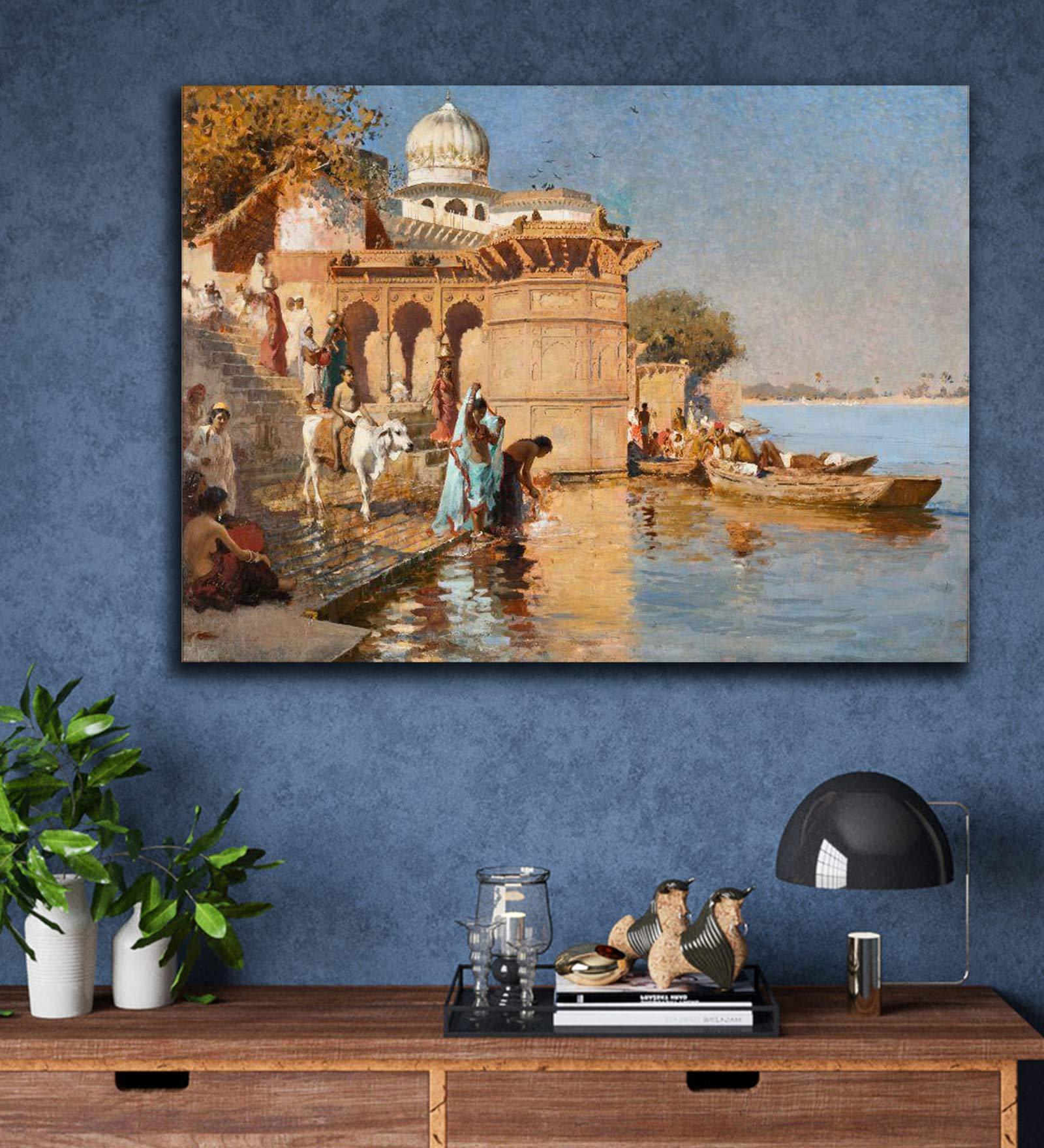 Buy Multicolour Cotton Canvas Unframed Along The Ghats, Mathura By ...