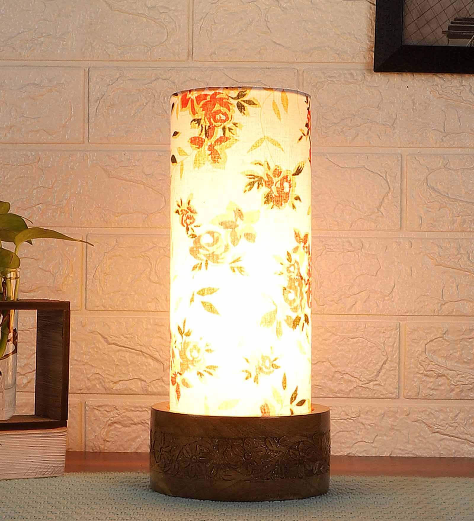Red Floral Cotton Fabric Shade Table Lamp With Wood Base