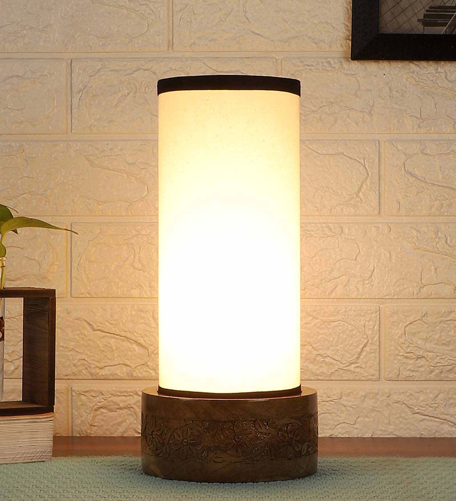Multicolour Cotton Fabric Shade Table Lamp With Wood Base