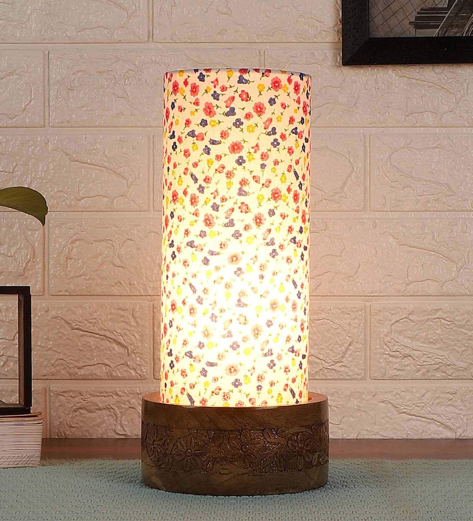 Multicolour Cotton Fabric Shade Table Lamp With Wood Base