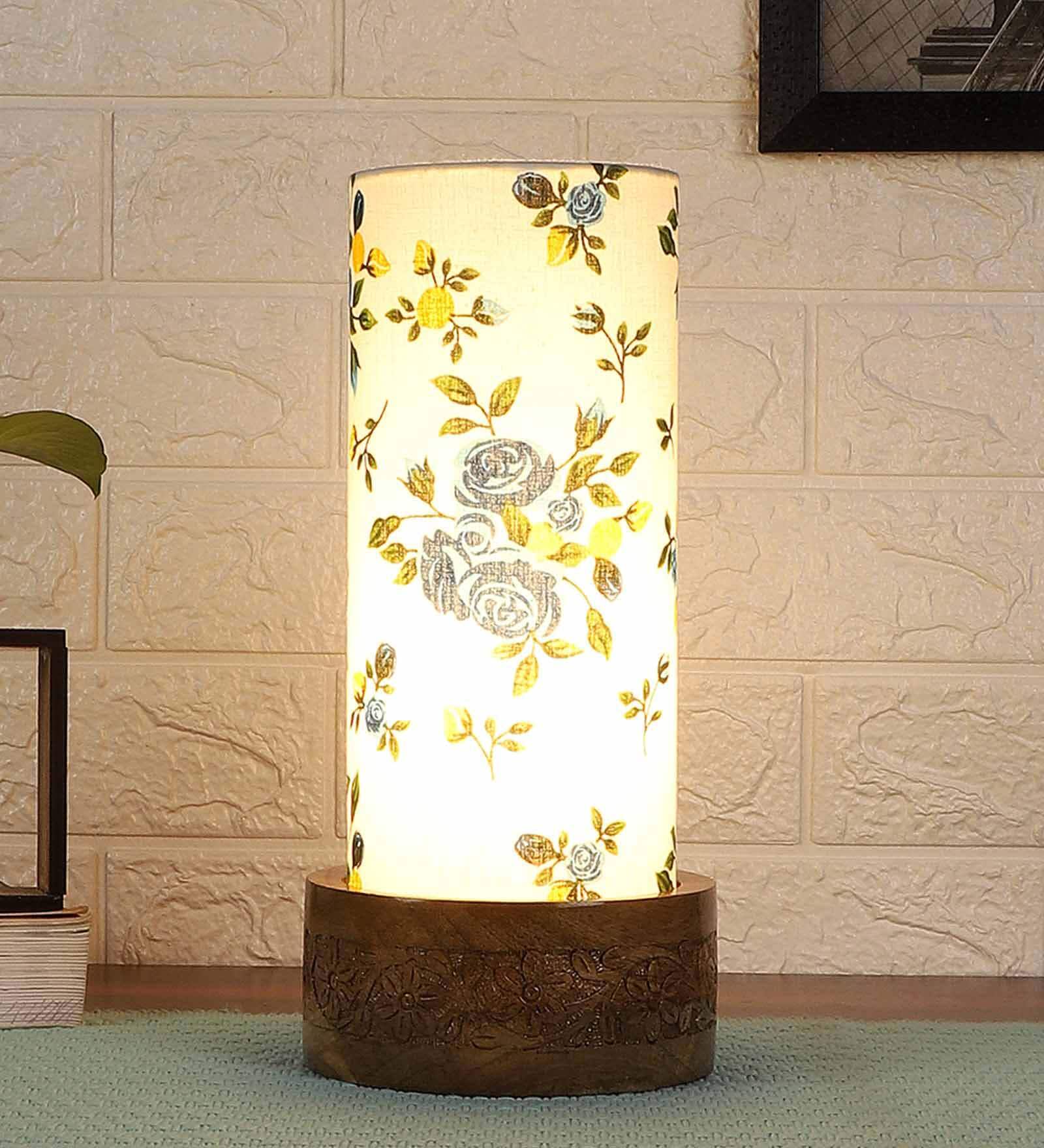 Blue Floral Cotton Fabric Shade Table Lamp With Wood Base