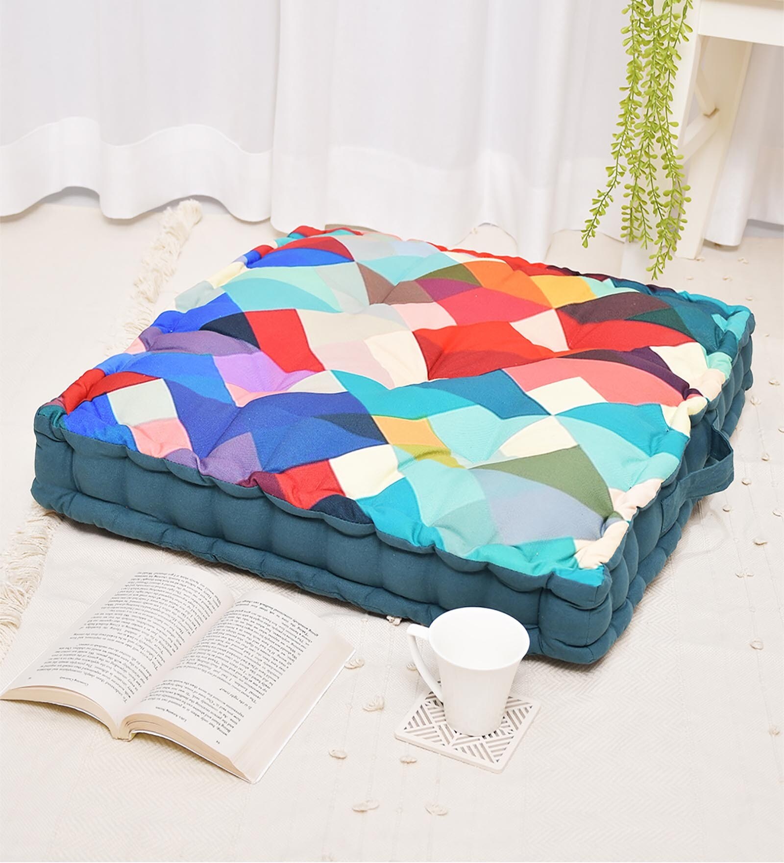 Multicolour Cotton Geometric 16x16 inches Floor Cushions (Set of 2)