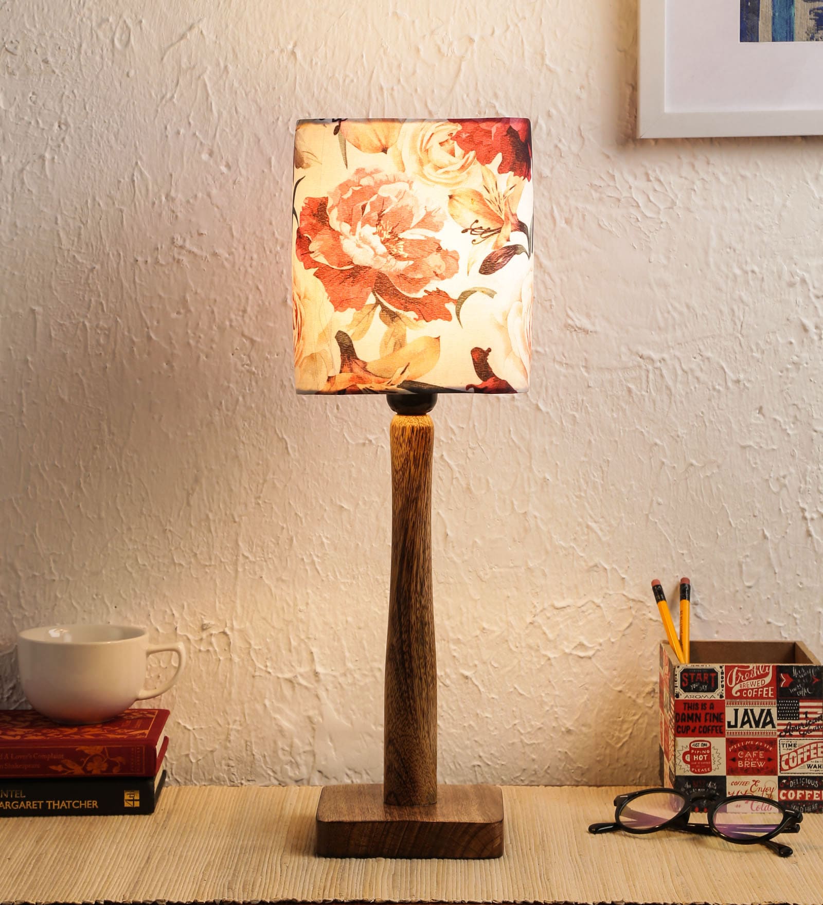 Red Fabric Shade Table Lamp with Brown Base
