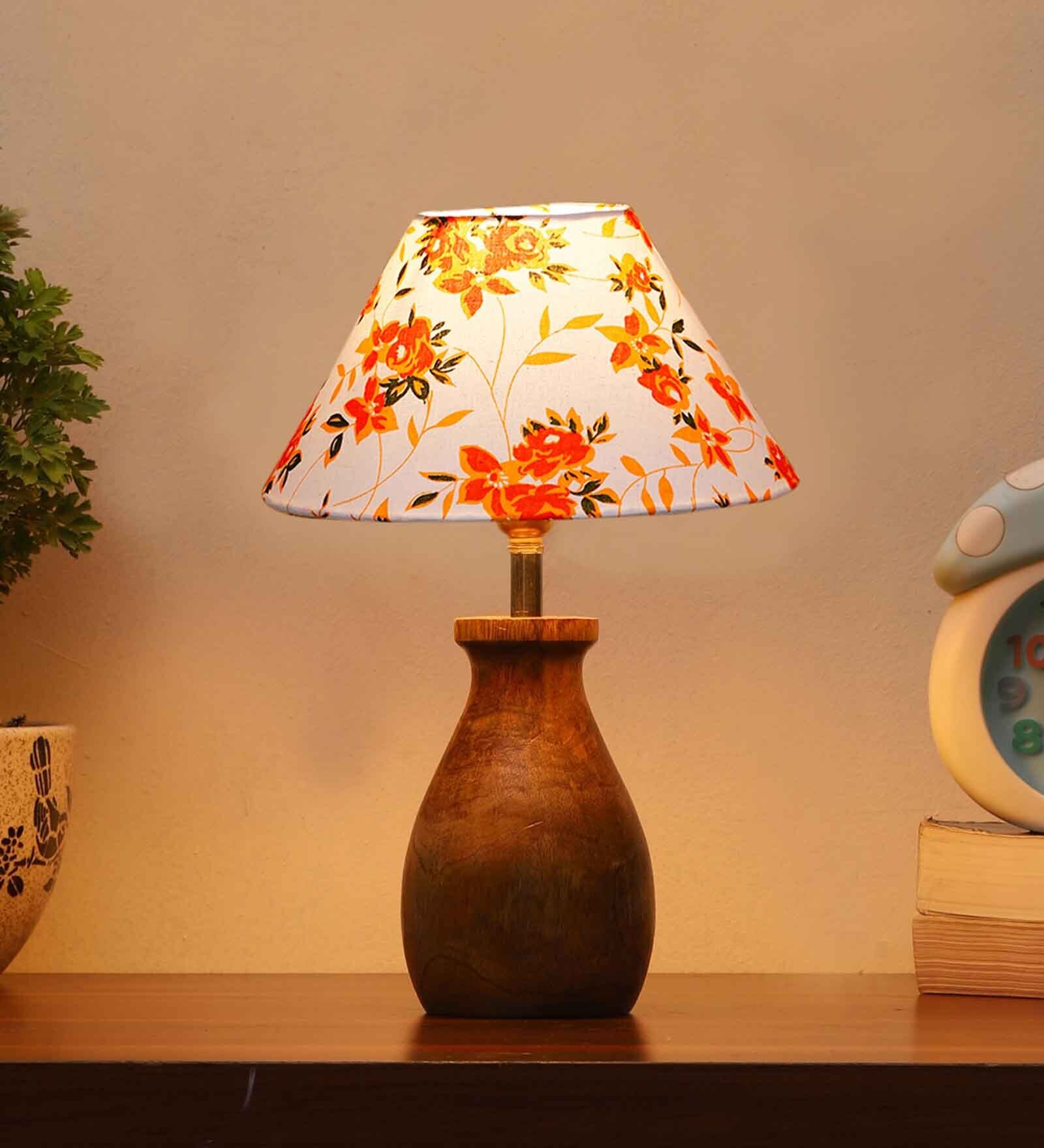 Multicolour Cotton Table Lamp With Wood Base