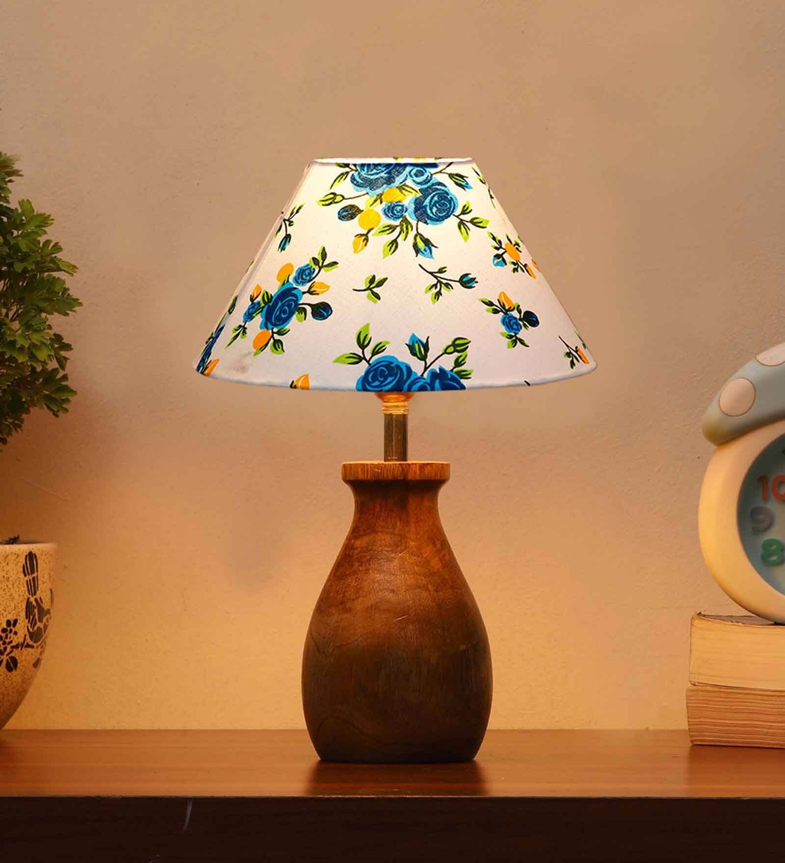 Multicolour Cotton Table Lamp With Wood Base