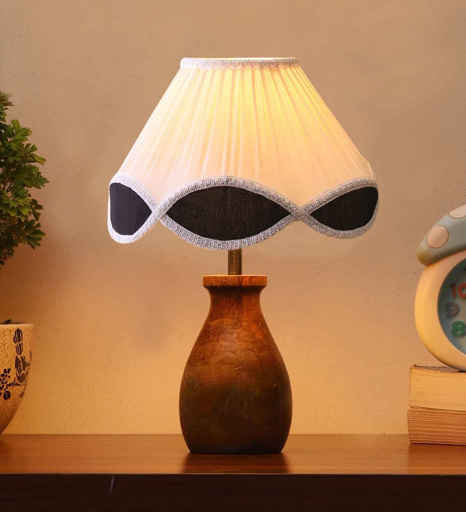 Multicolour Cotton Table Lamp With Wood Base