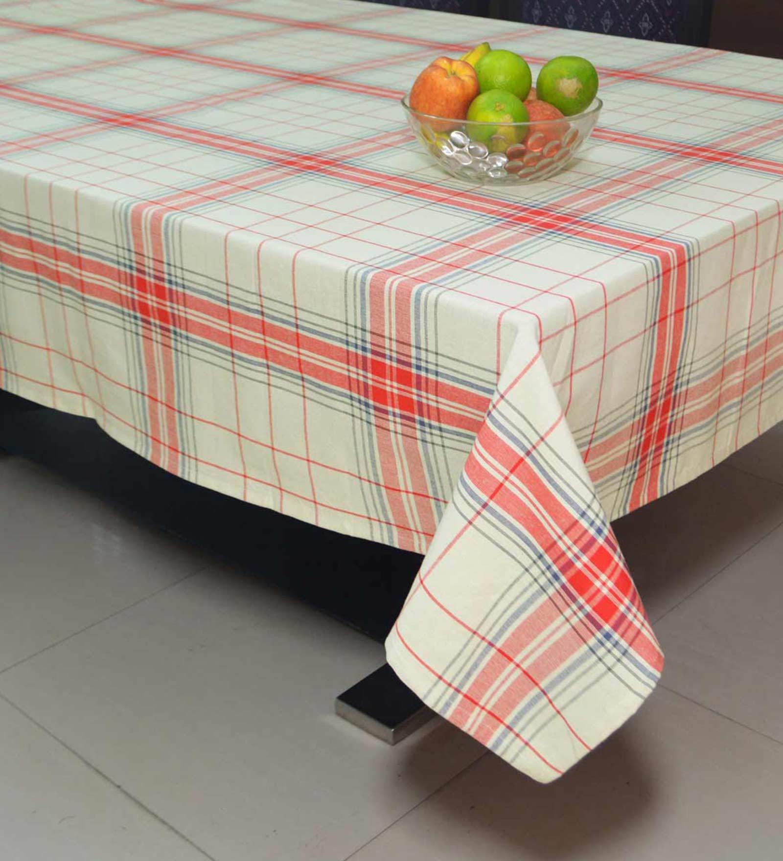 Woven Plaid Check Red Cotton 89X63 Inch Table Cloth