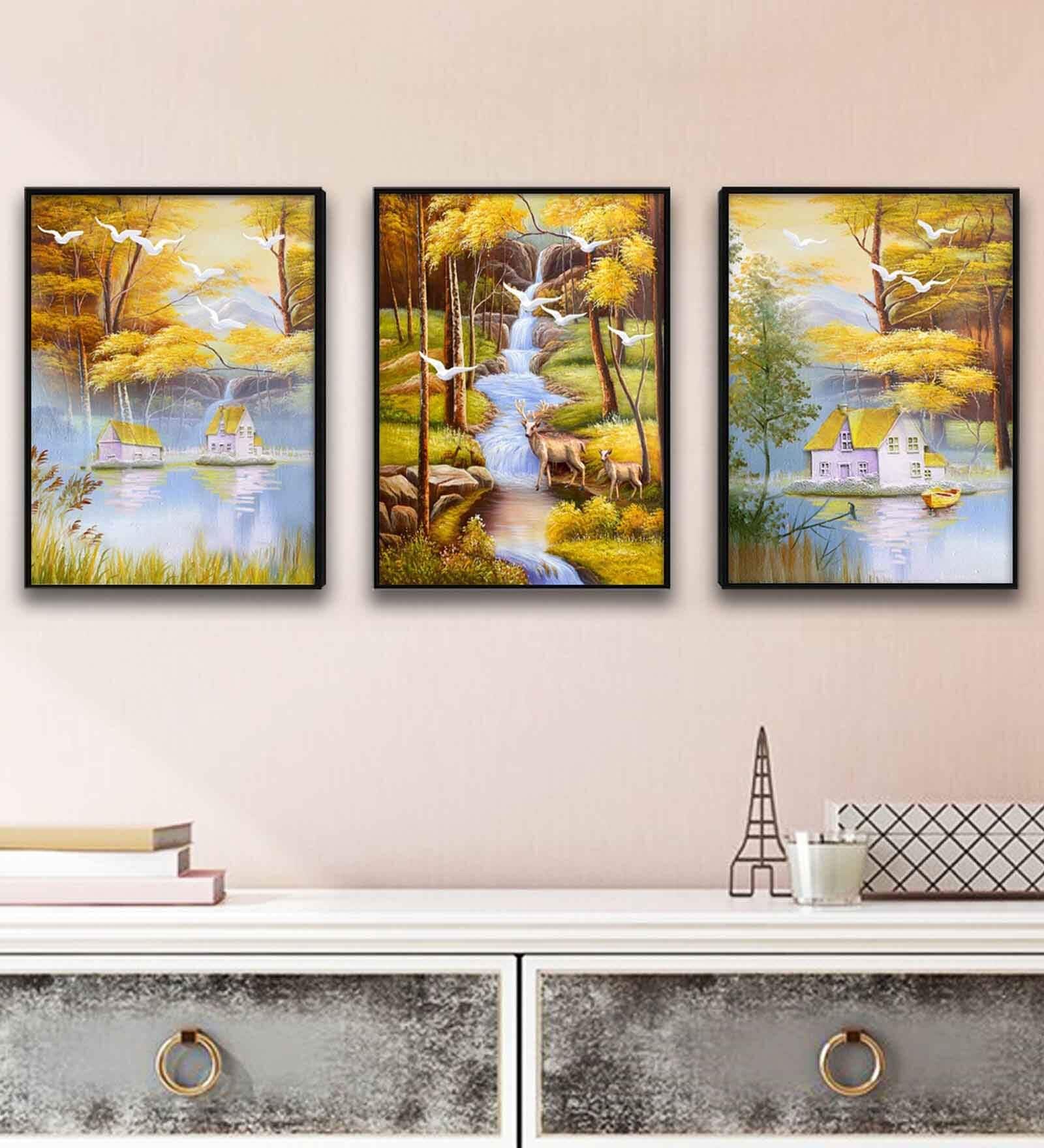 Multicolour Engineered Wood (Set of 3) Art Panels