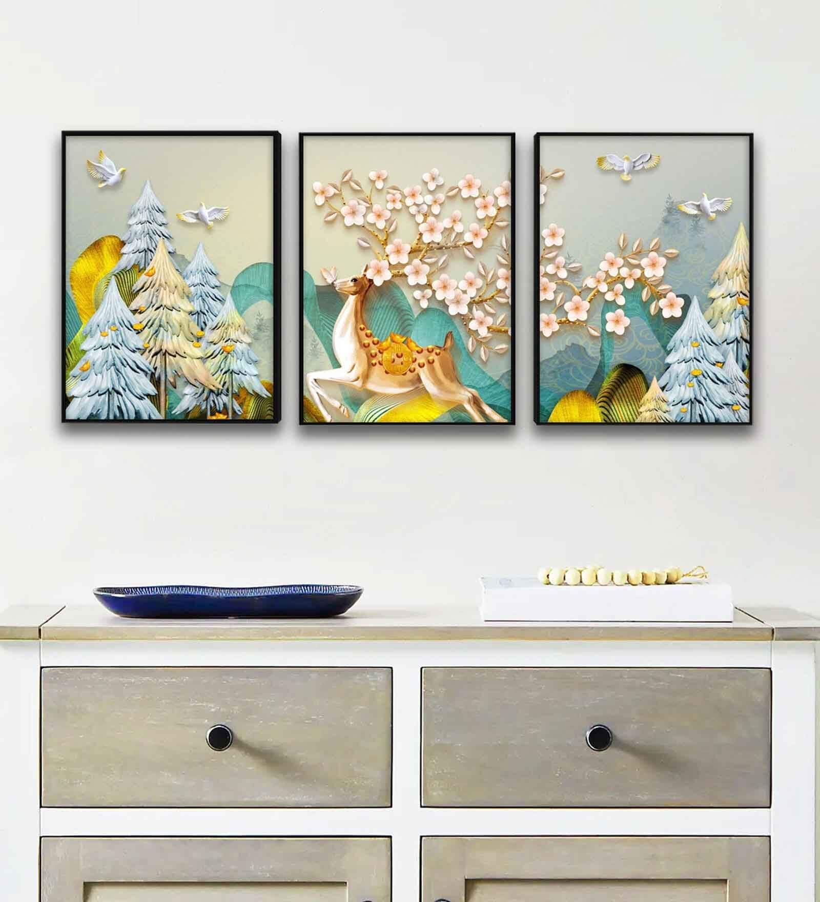 Multicolour Engineered Wood (Set of 3) Art Panels