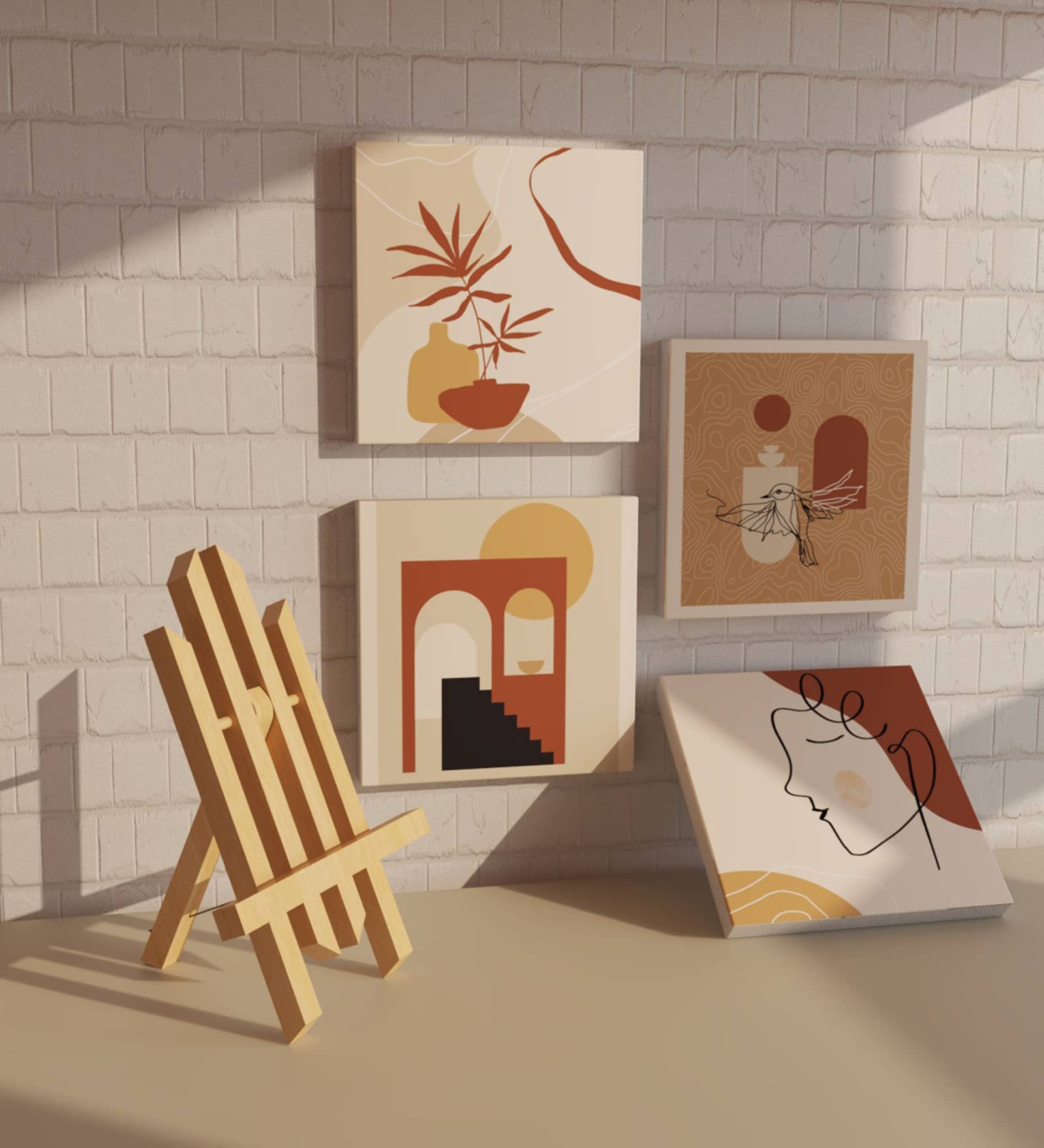 Multicolour Engineered Wood Chowkie (Set of 4) Art Prints