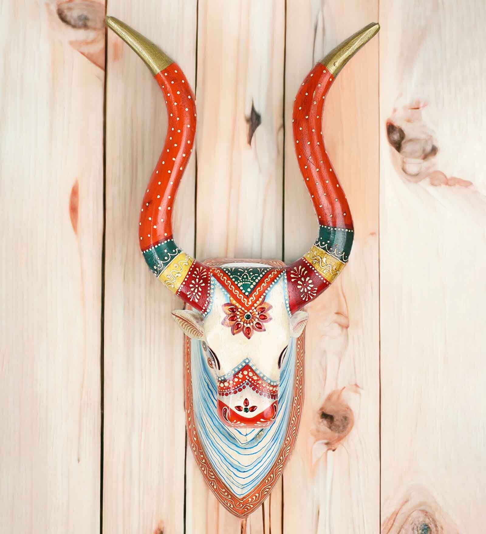 Multicolour Engineered Wood Faux Cow Bust