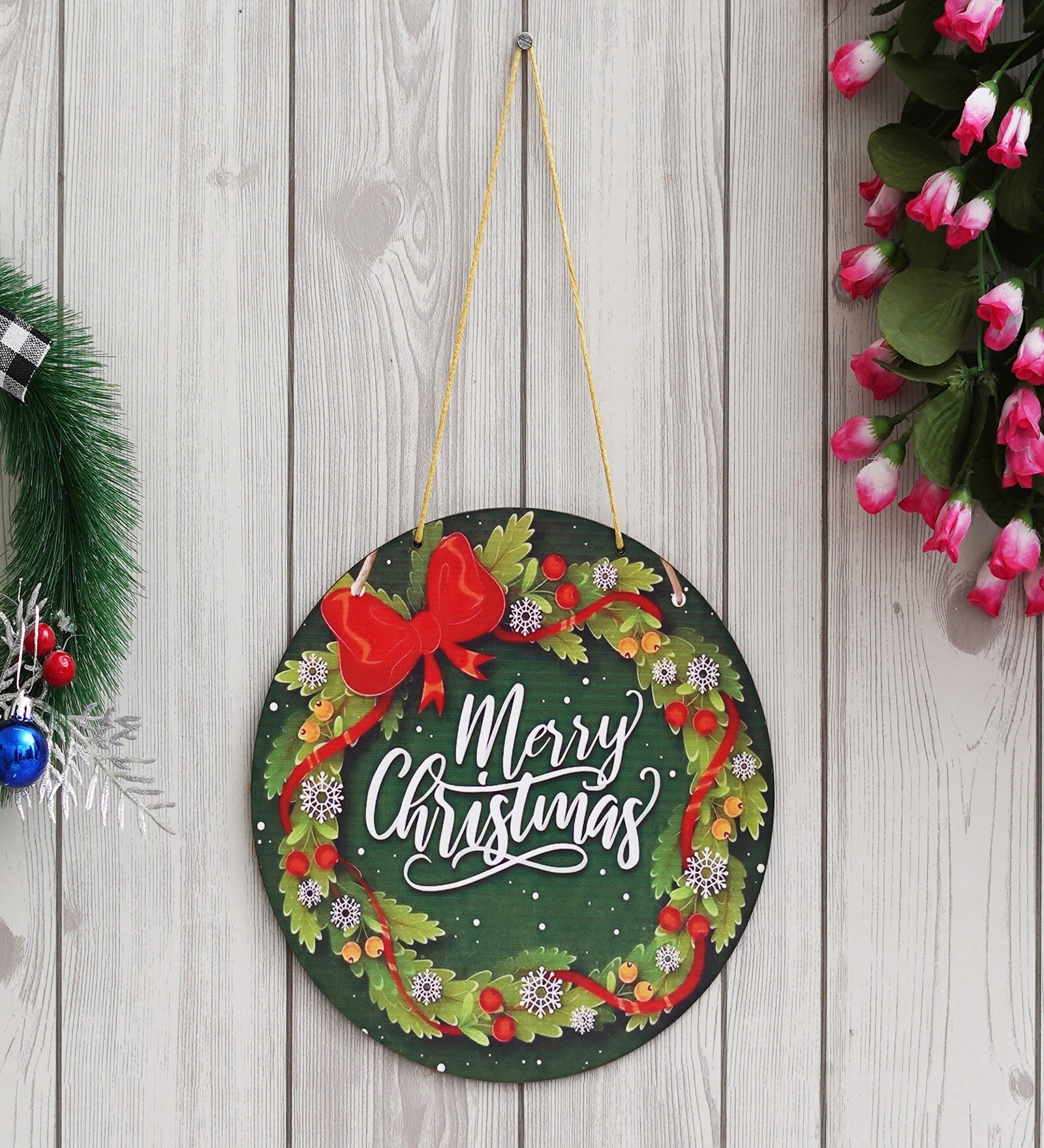 Multicolour Engineered Wood Merry Christmas Printed Wooden Door Wall Hanging