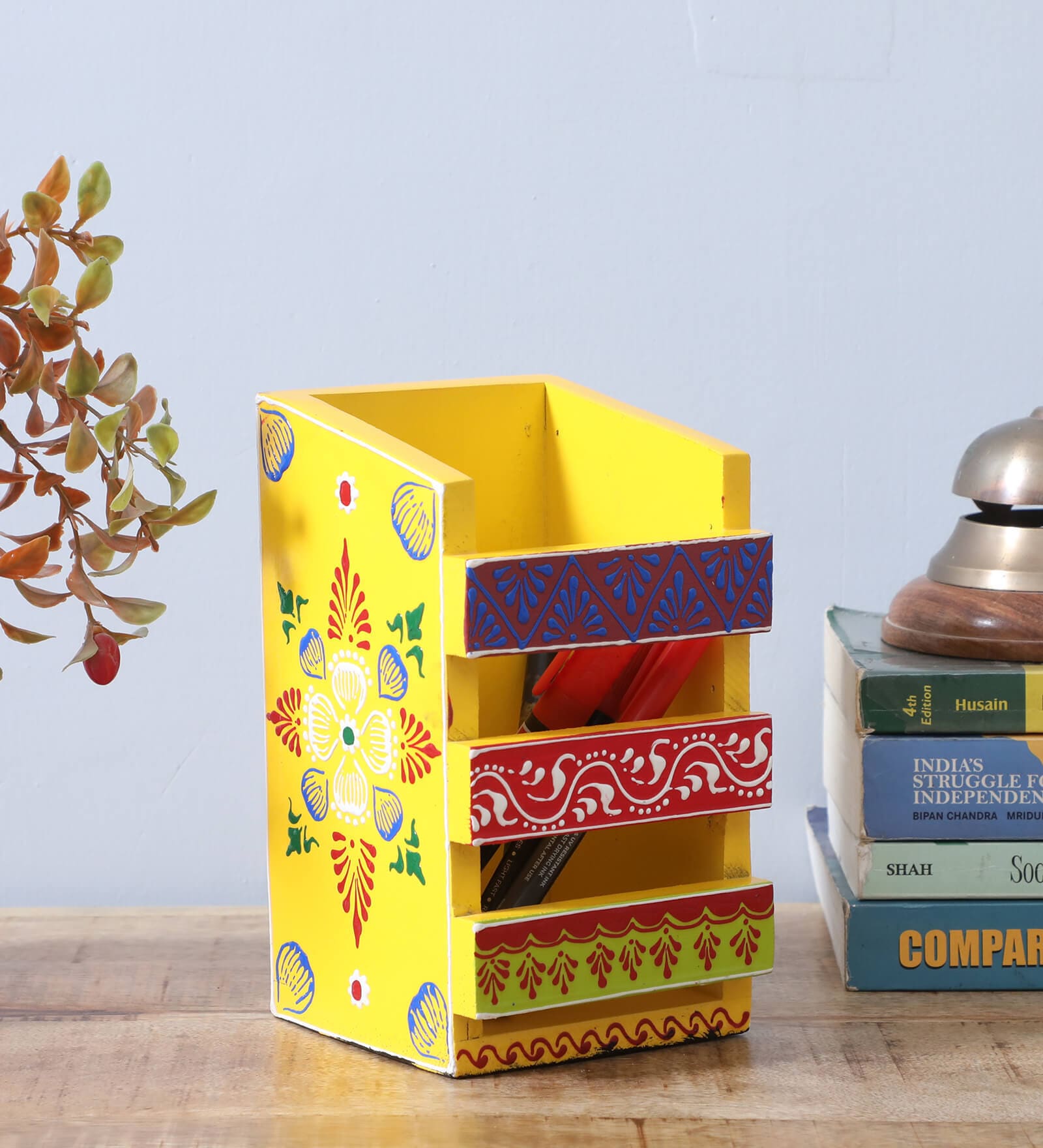 Floral Yellow Engineered Wood Pen Stand