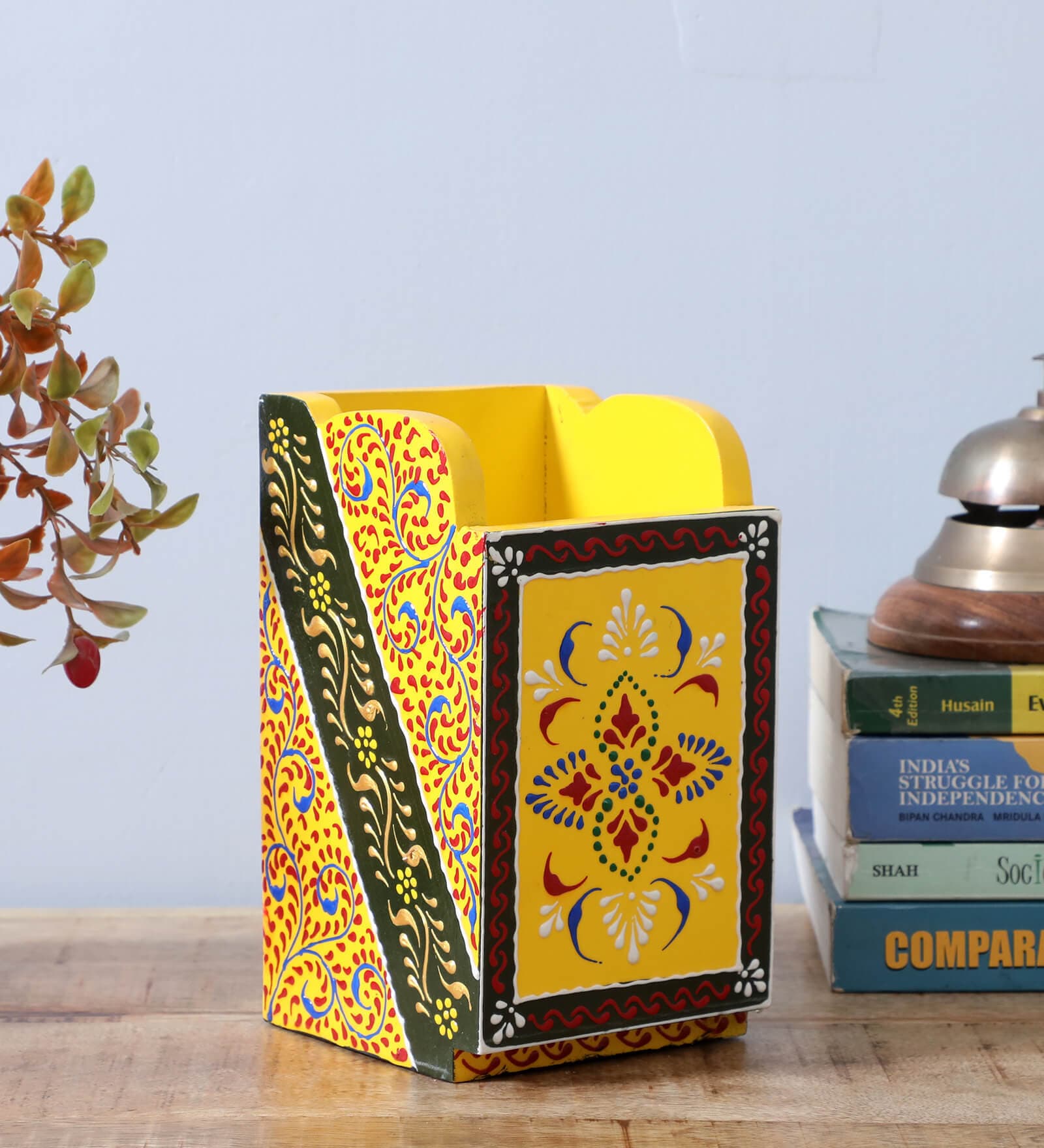 Flower Yellow Engineered Wood Pen Stand