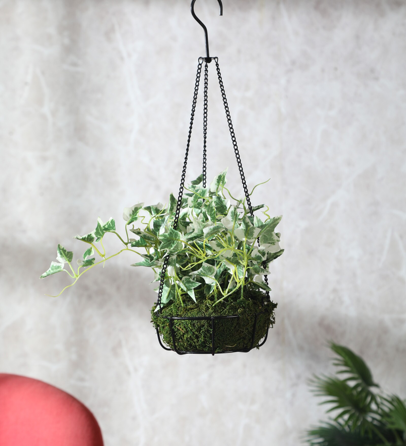 Multicolour Fabric English Ivy Artificial Plant in Hanging Iron ware Basket