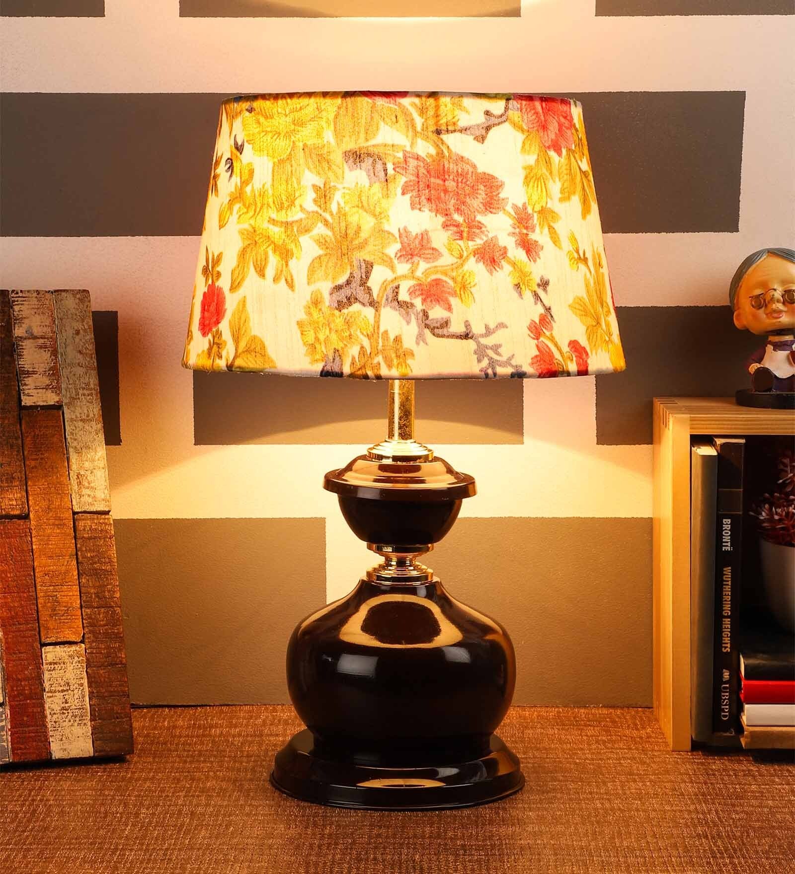 Multicolour Fabric Shade Table Lamp With Brown Base
