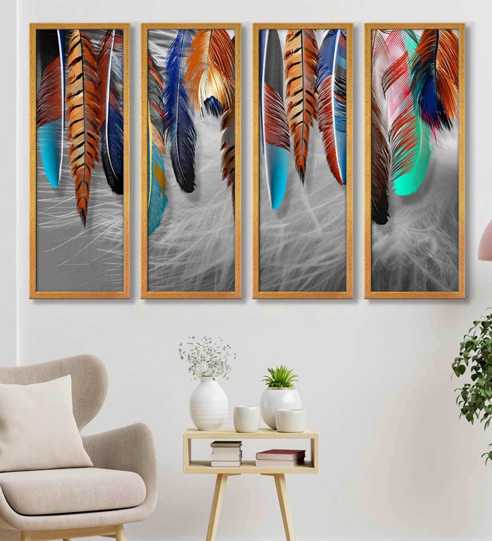 Buy Feathers Multicolour Canvas Framed Abstract Art Panel Set of 4 at ...