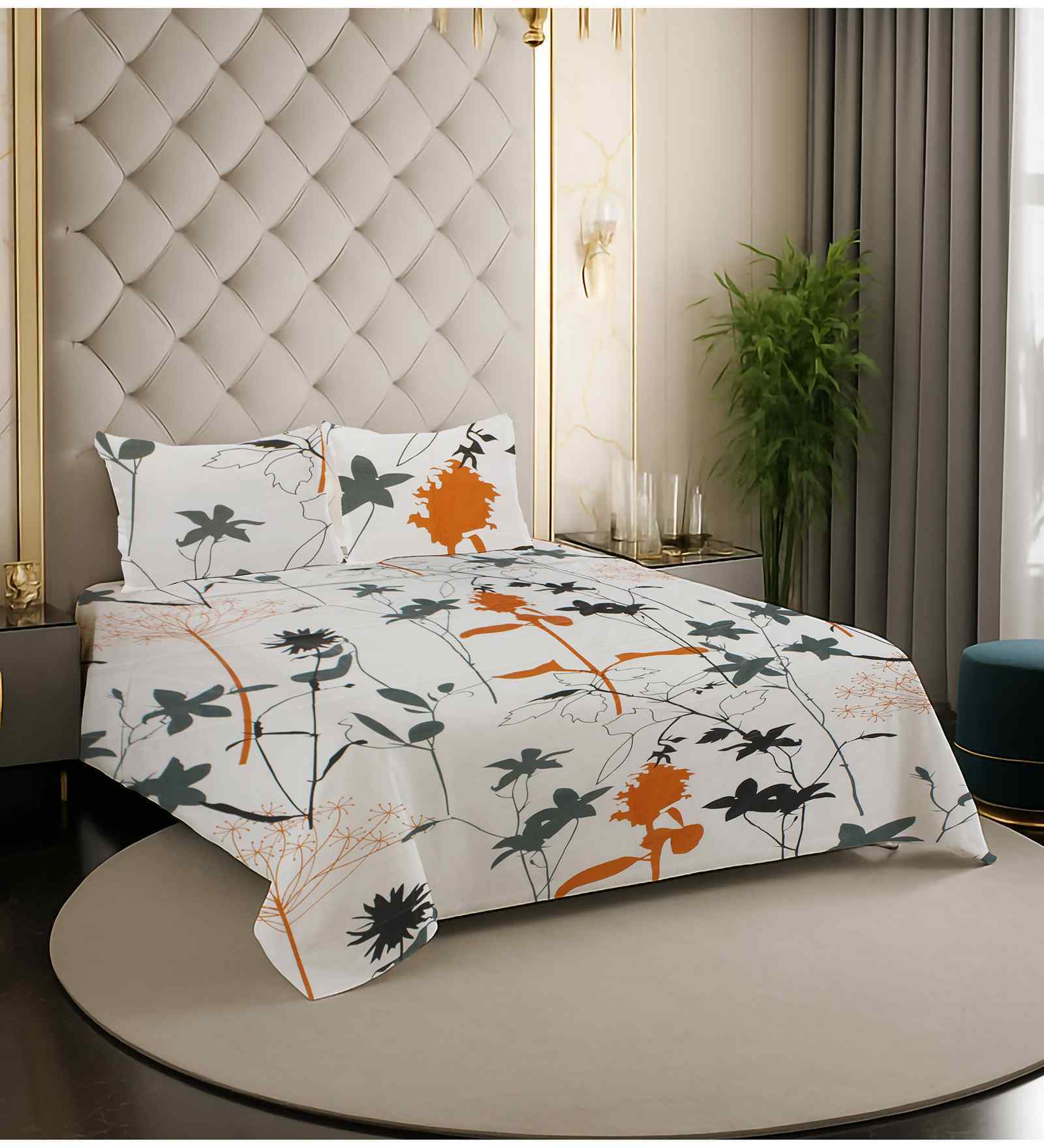White Floral 200 TC Cotton Queen Size Double Bedsheet with 2 Pillow Covers