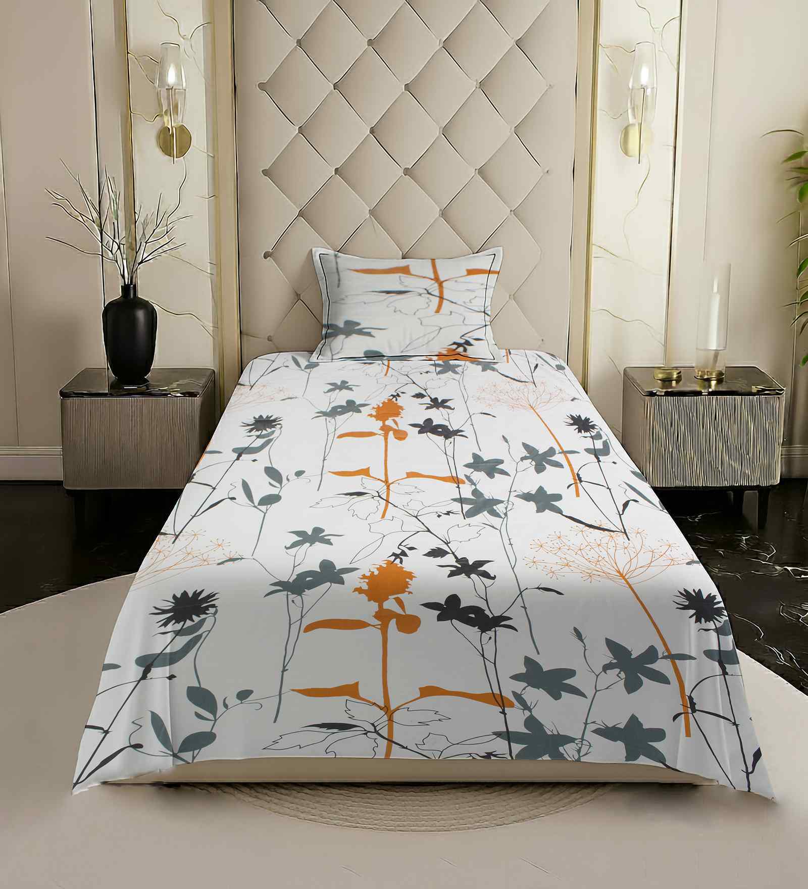 White Floral 200 TC Cotton Queen Size Double Bedsheet with 2 Pillow Covers