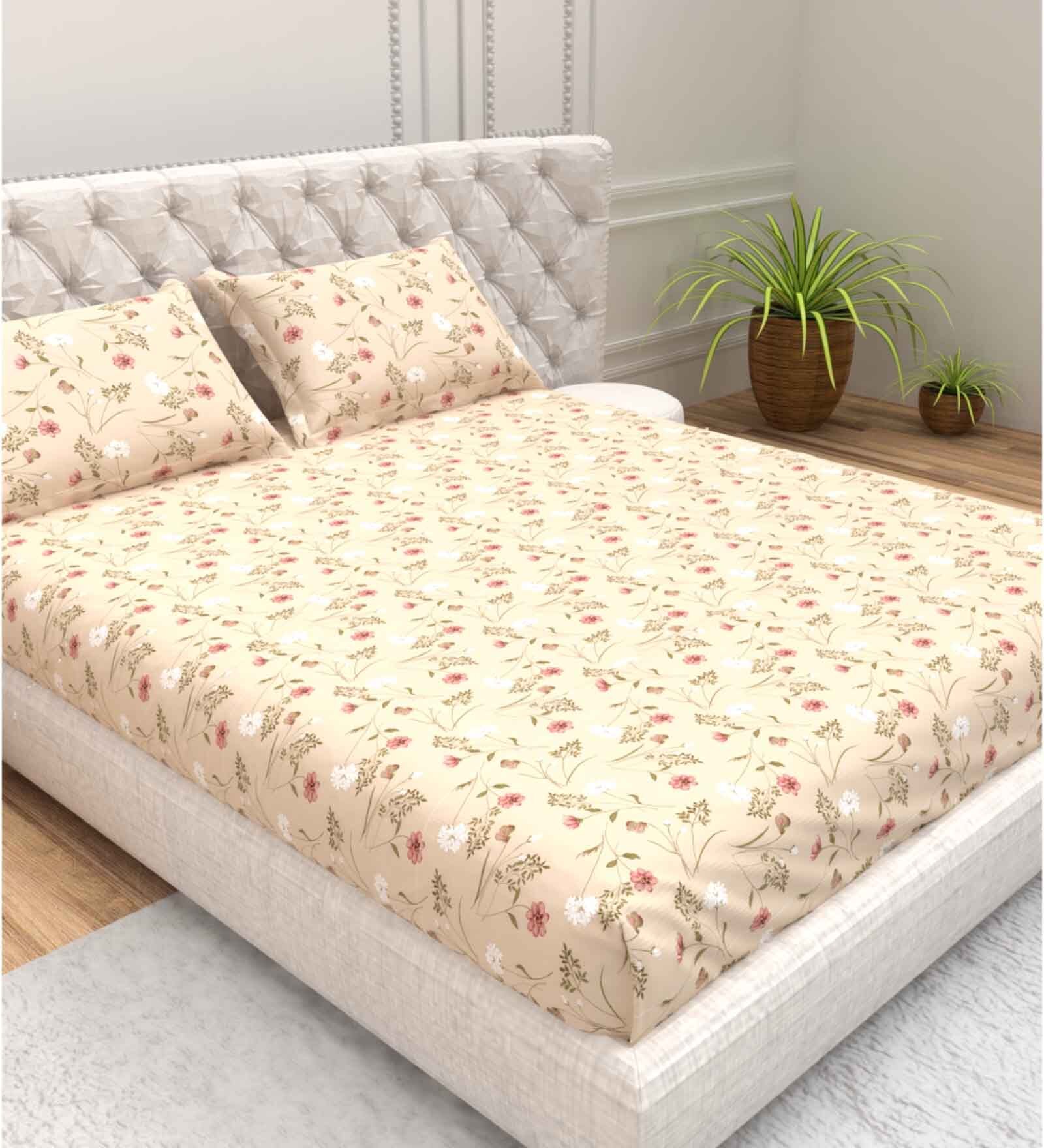 Floral 210 TC Microfiber 1 Bedsheet,  2 Pillow Covers Cider Queen Collection