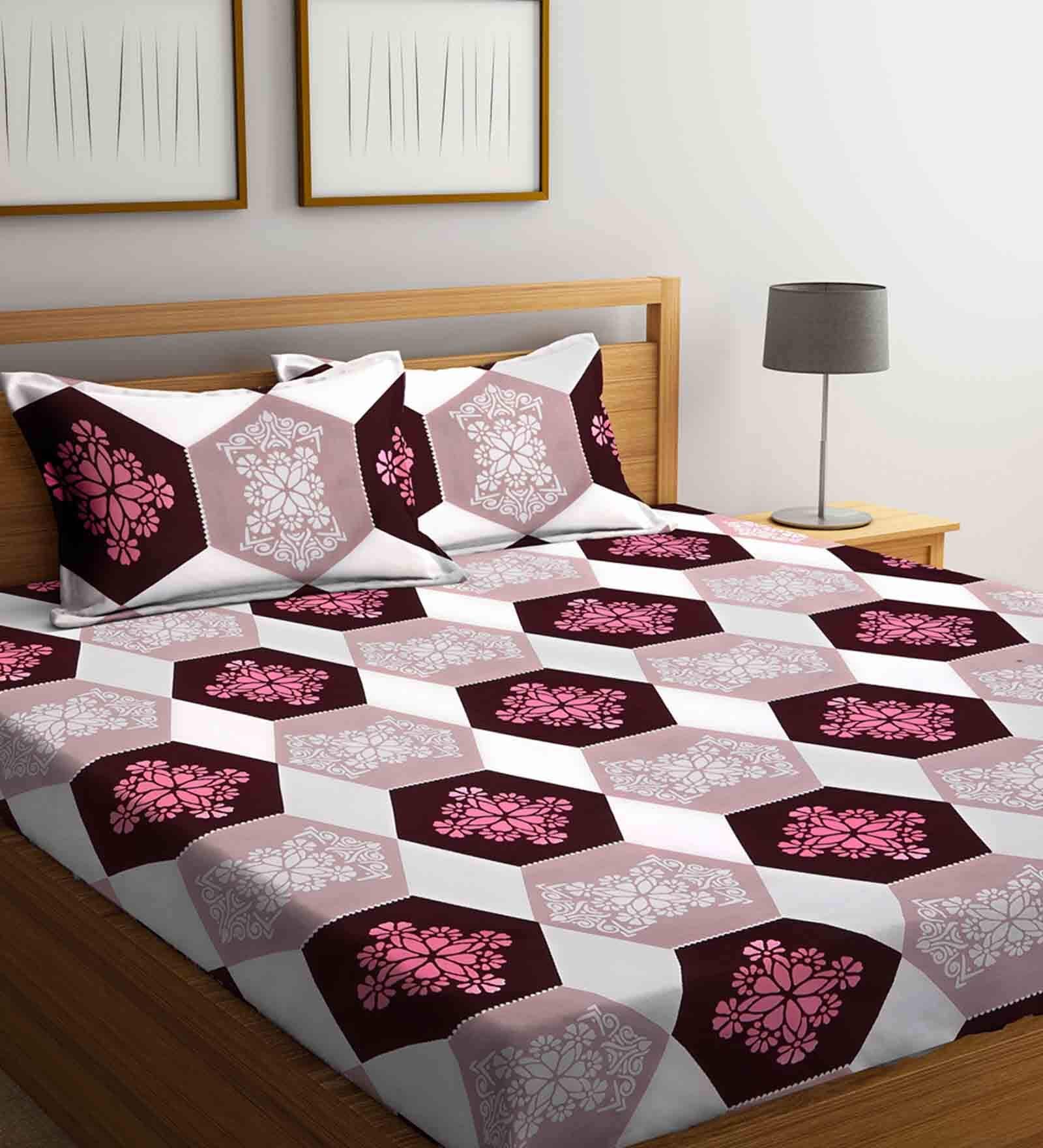 Purple Floral 210 TC Polycotton 1 Double Bedsheet with 2 Pillow Covers
