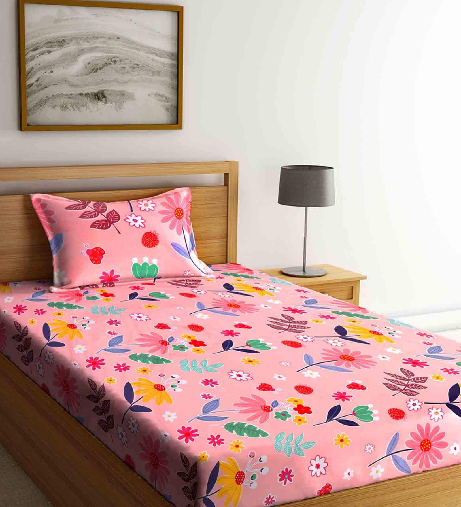 Pink Floral 210 TC Poly Cotton 1 Single Bedhseet with 1 Pillow Cover